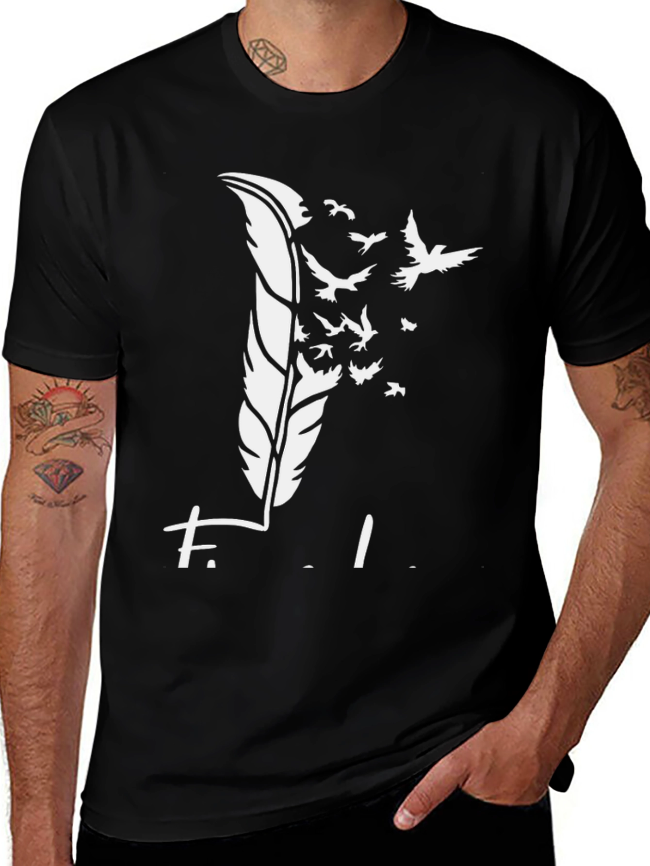 Feather Birds Graphic Black T-Shirt