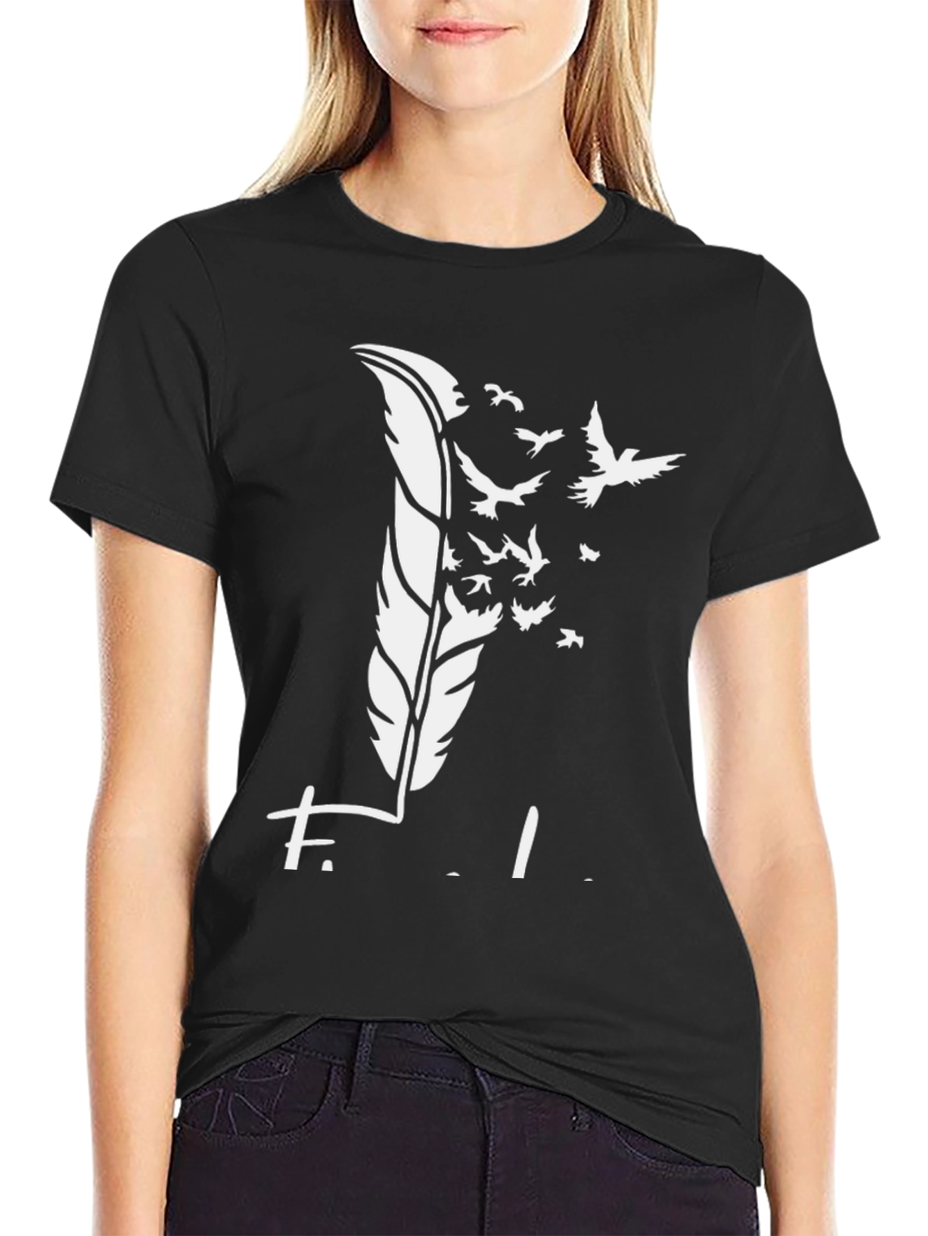Feather Birds Graphic Black T-Shirt