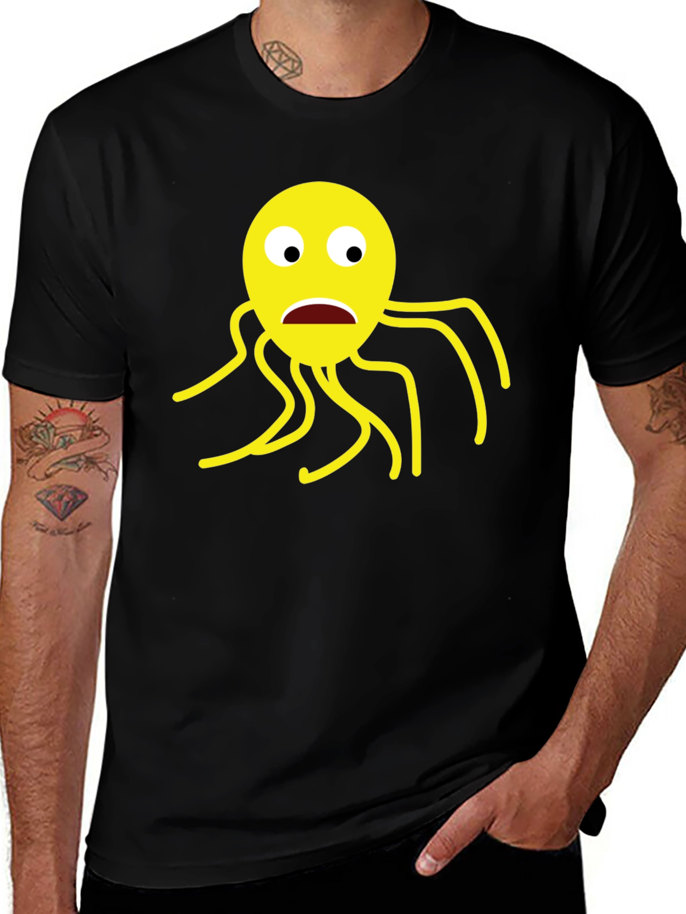 Black T-Shirt with Cartoon Octopus Graphic