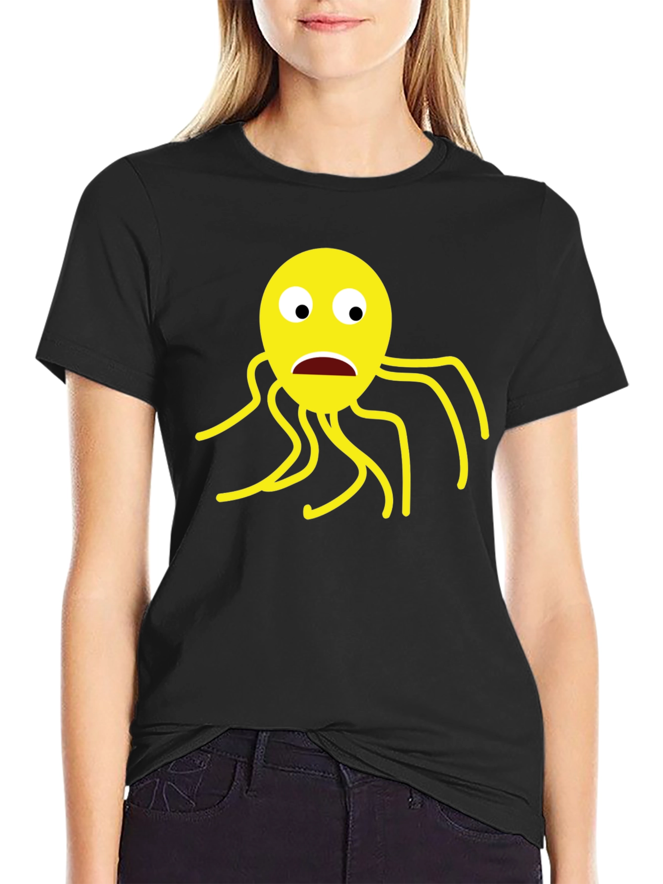 Black T-Shirt with Cartoon Octopus Graphic
