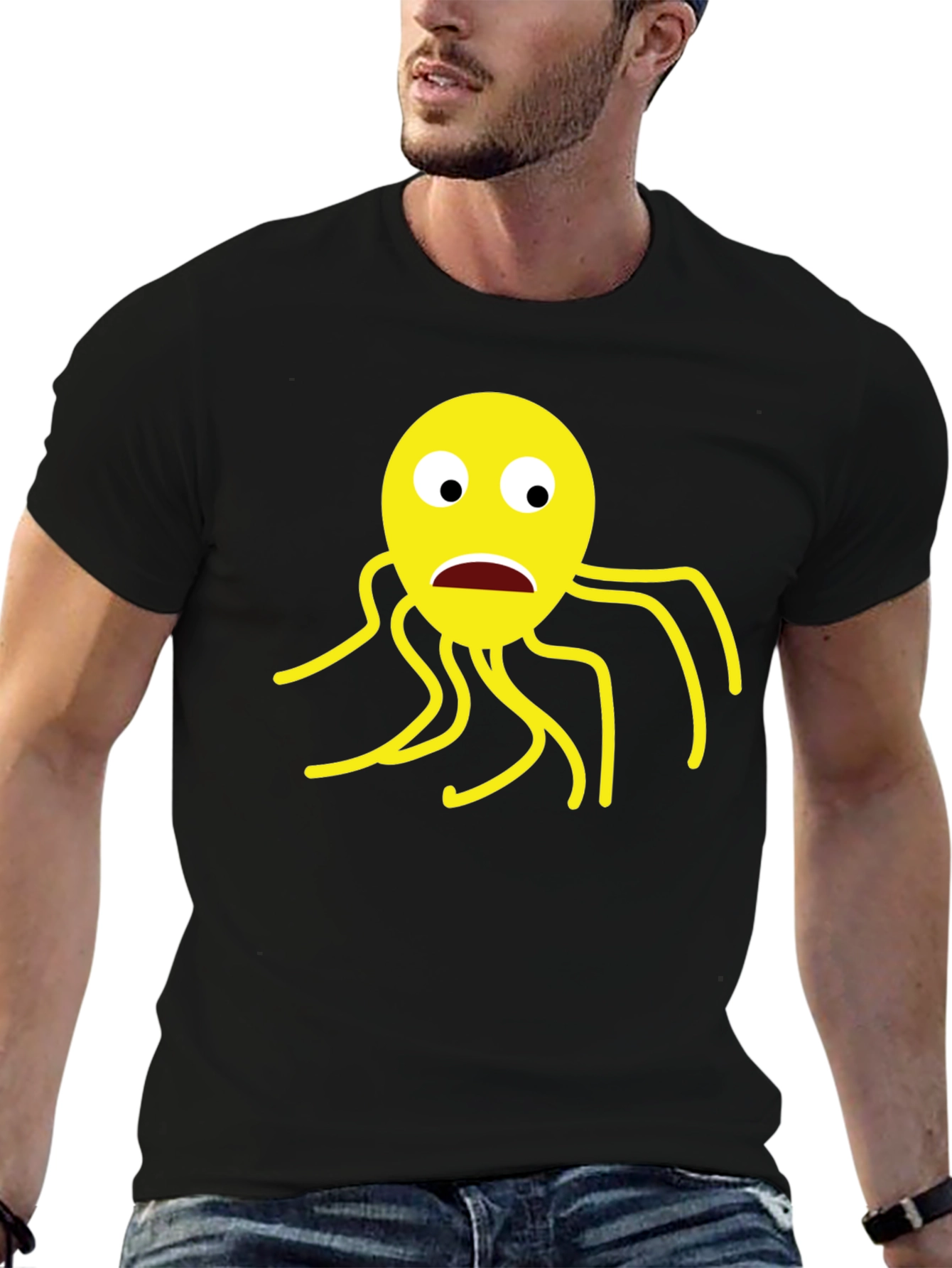 Black T-Shirt with Cartoon Octopus Graphic