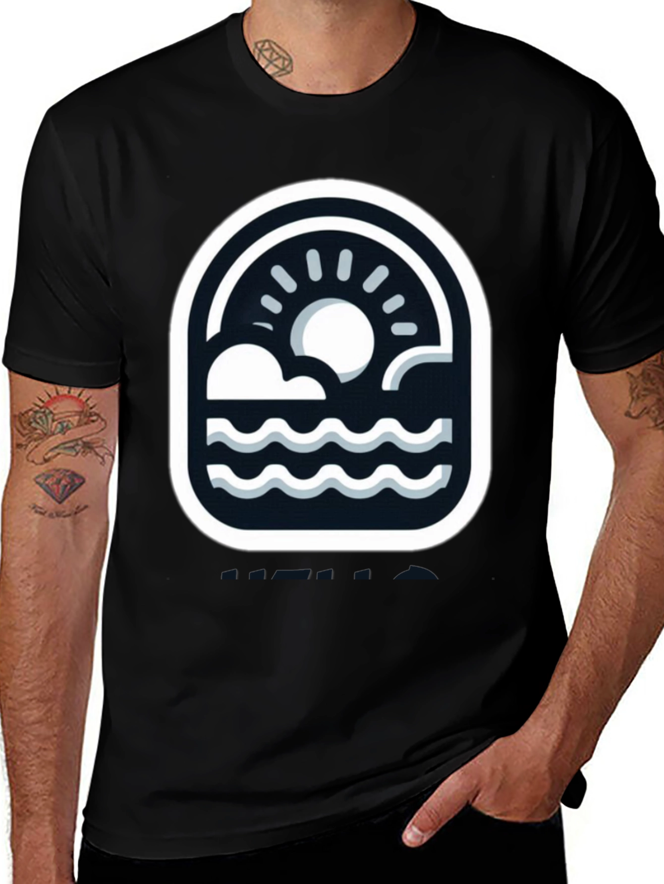 Black T-Shirt with Graphic Beach Design