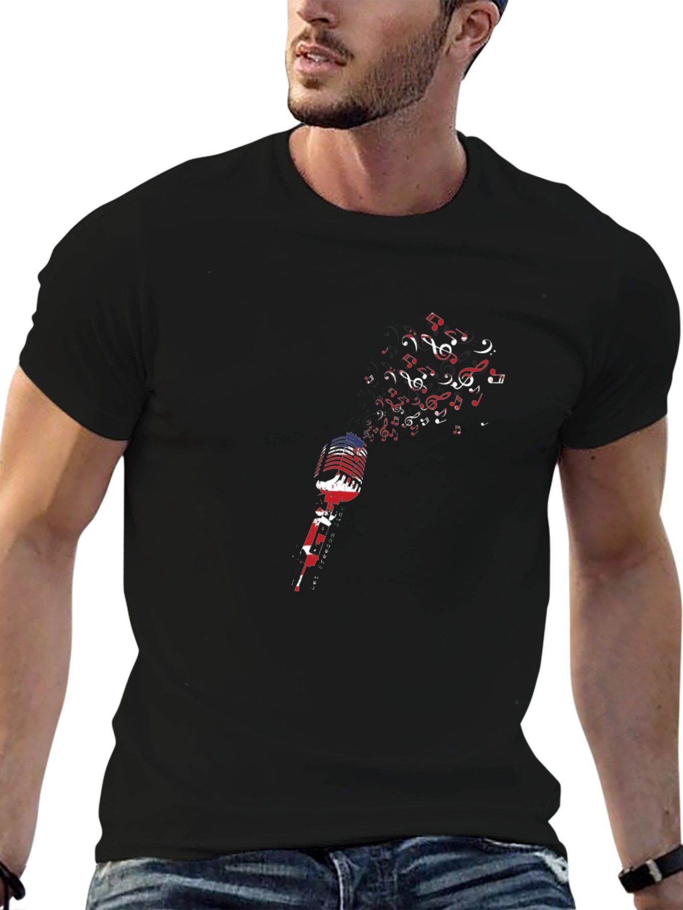 Musical Notes Microphone Graphic Tee - Black
