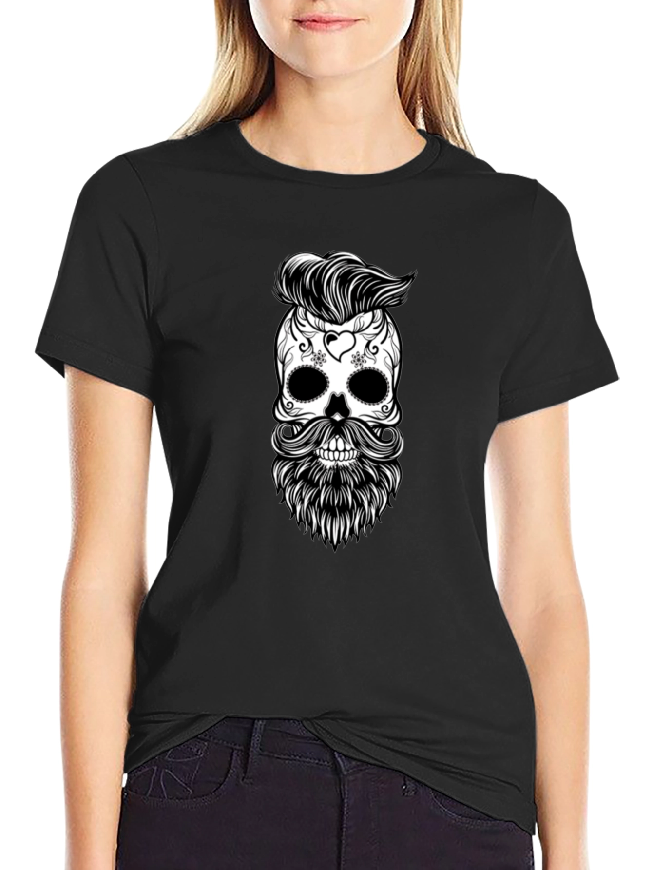 Skull & Beard Graphic Tee - Black Cotton