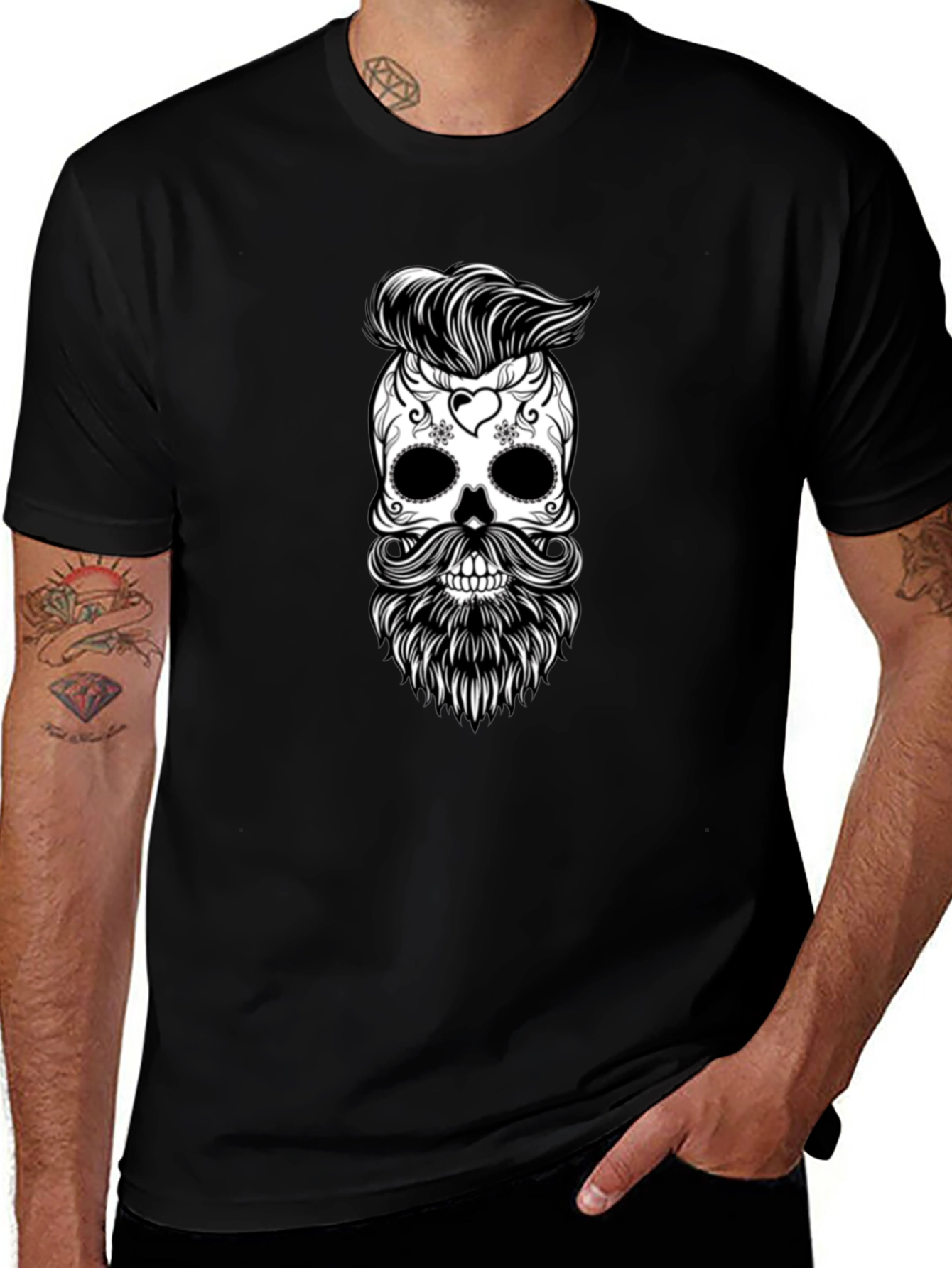 Skull & Beard Graphic Tee - Black Cotton