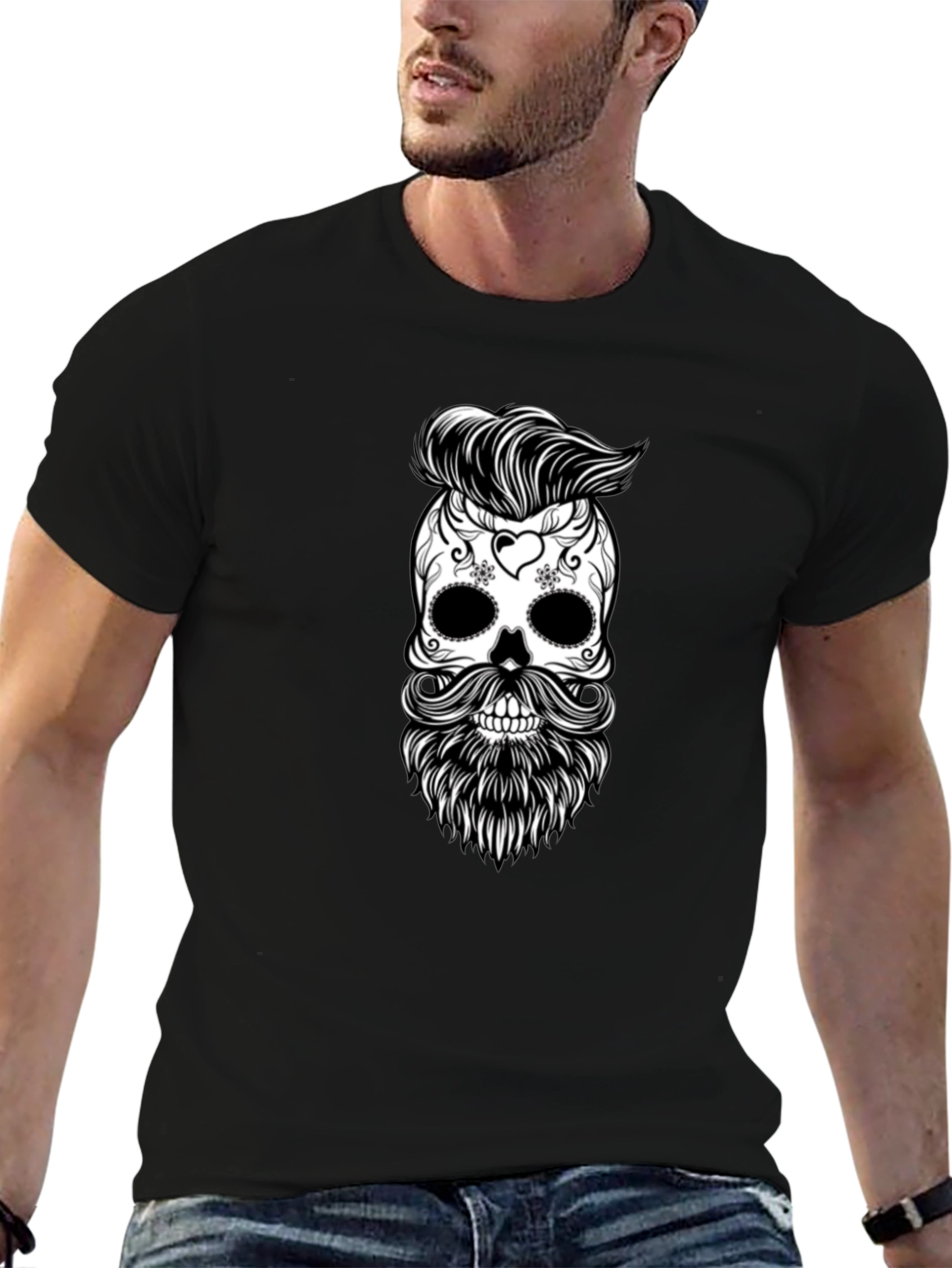 Skull & Beard Graphic Tee - Black Cotton