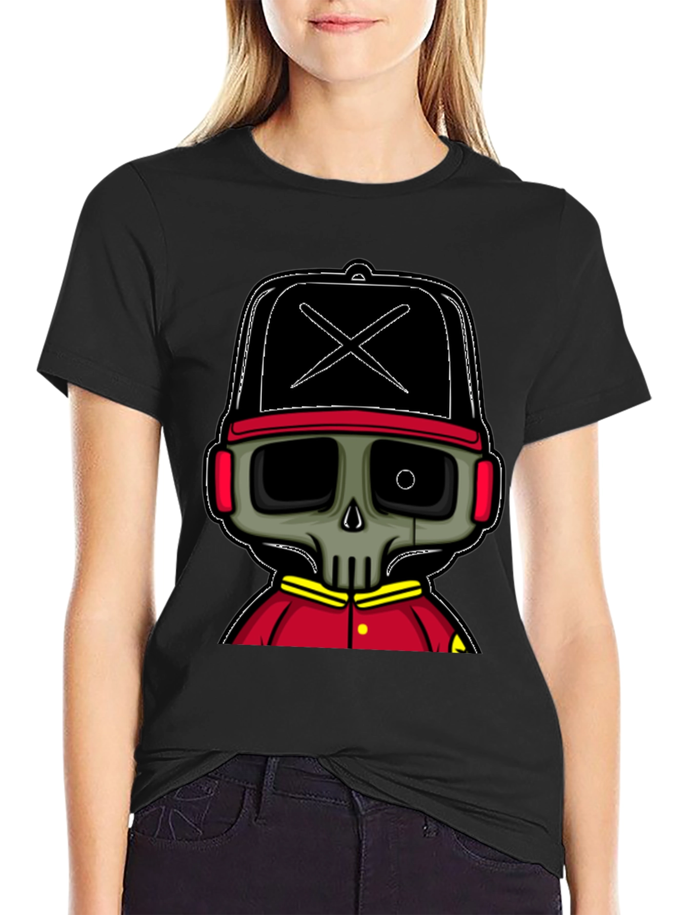 Cartoon Skull Graphic Tee - Black