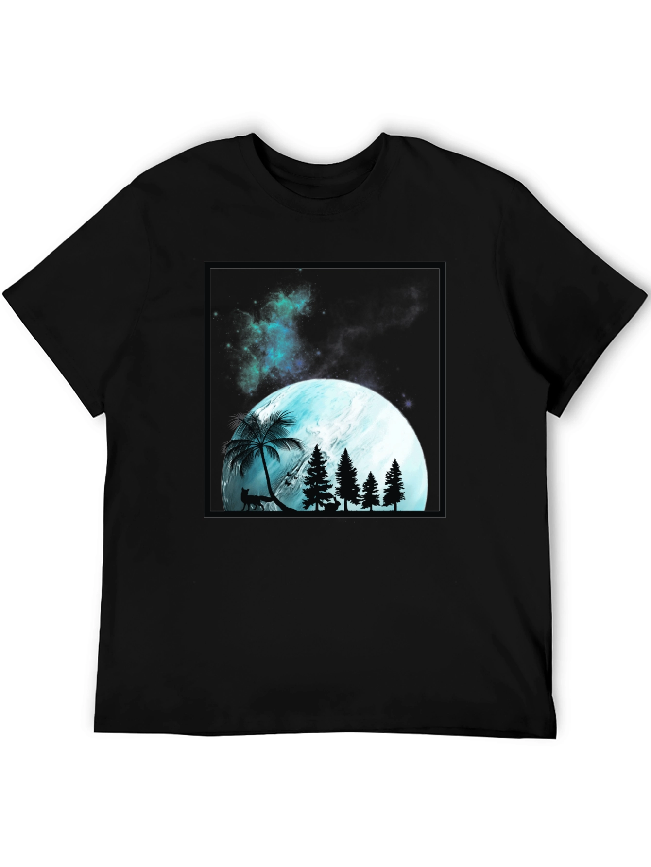 Mens Black T-Shirt with Moon & Forest Graphic