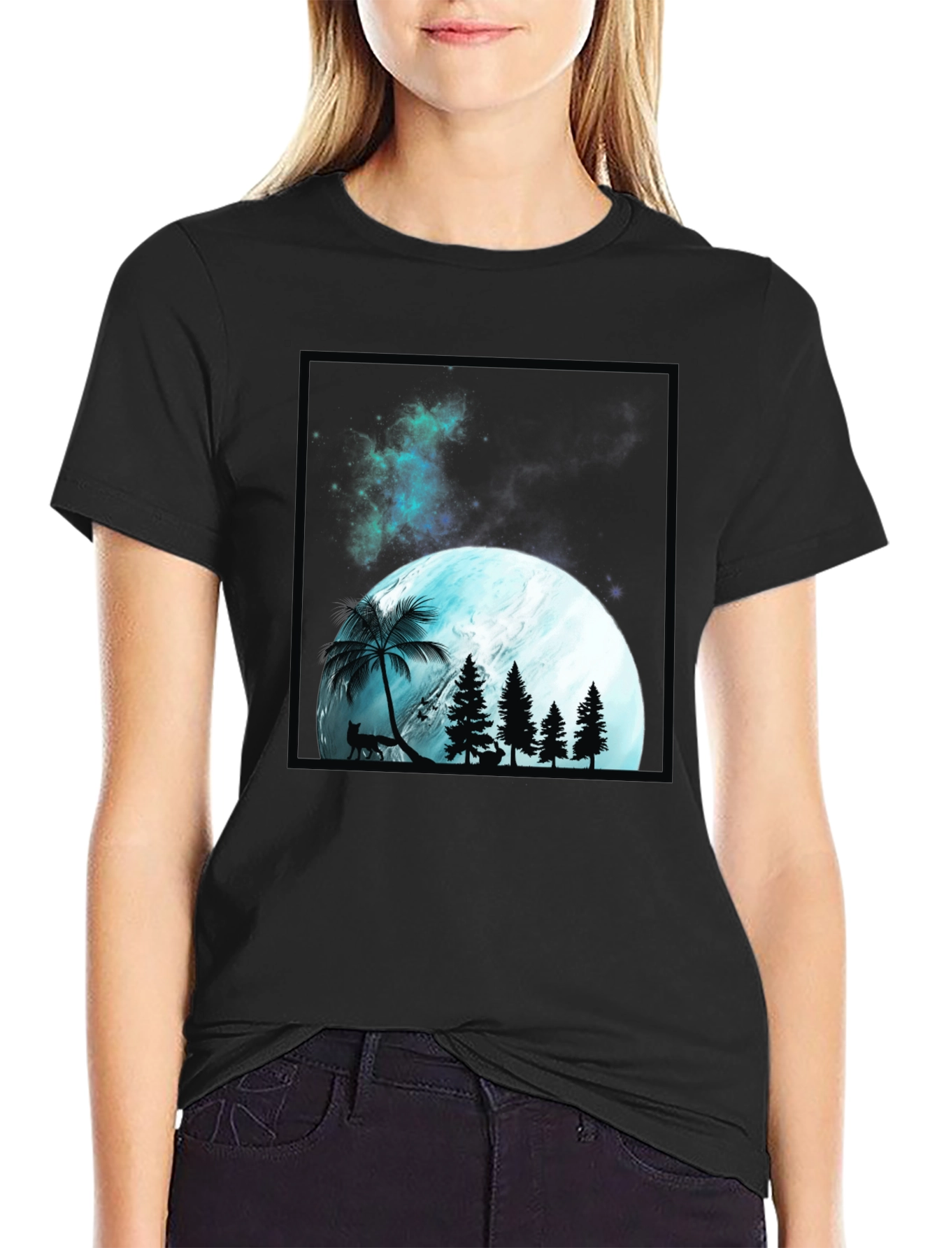 Mens Black T-Shirt with Moon & Forest Graphic