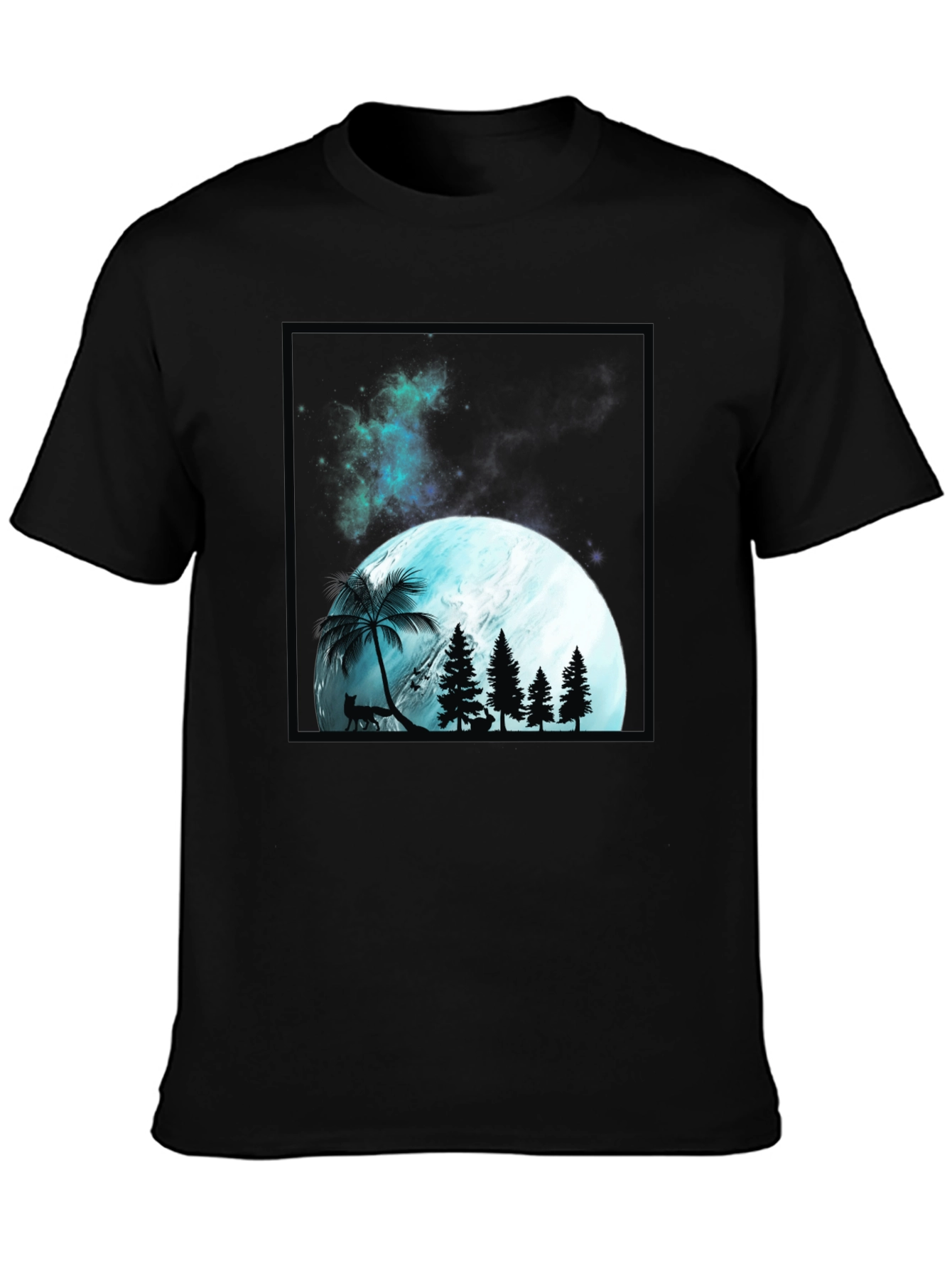 Mens Black T-Shirt with Moon & Forest Graphic