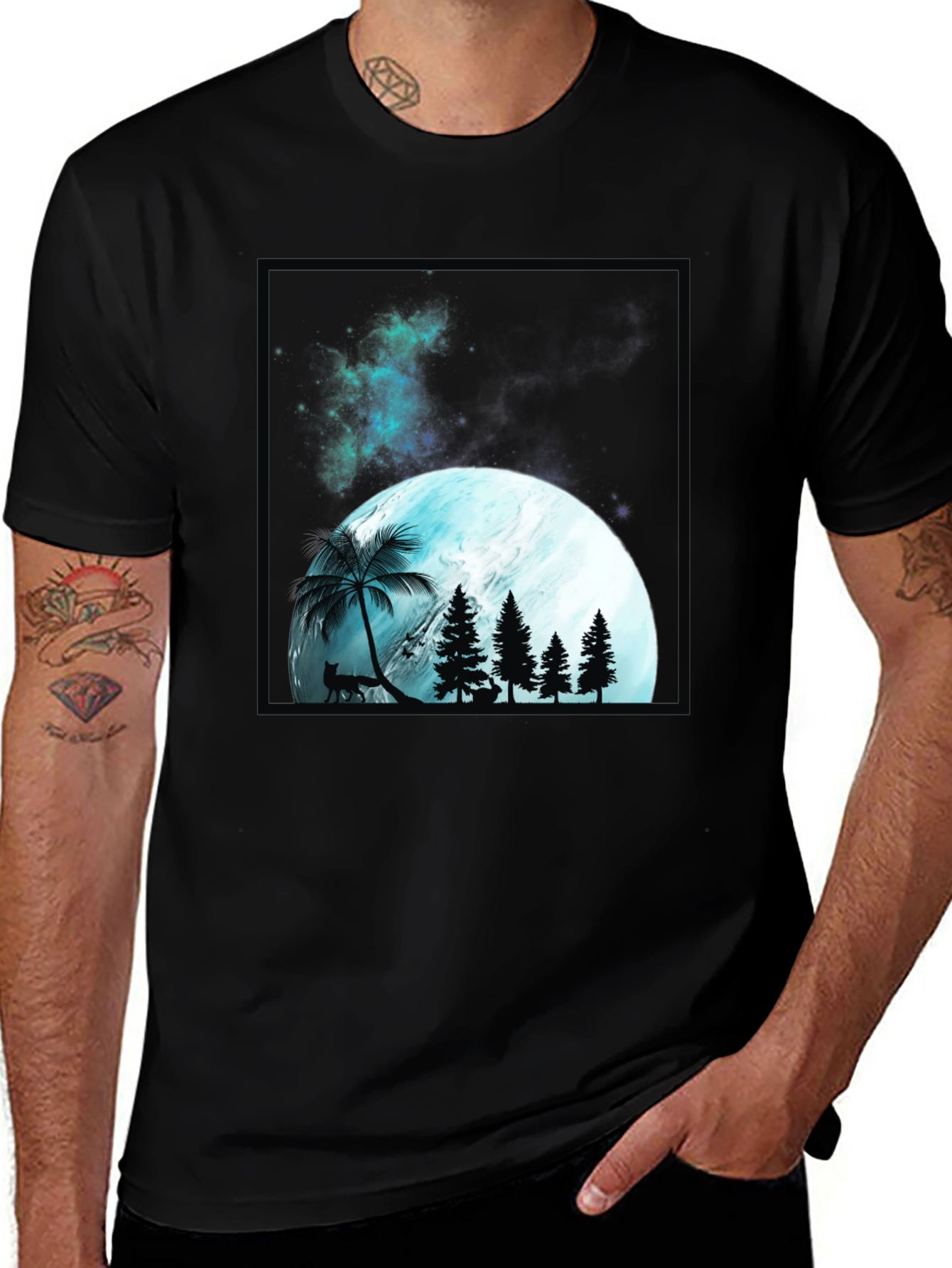 Mens Black T-Shirt with Moon & Forest Graphic