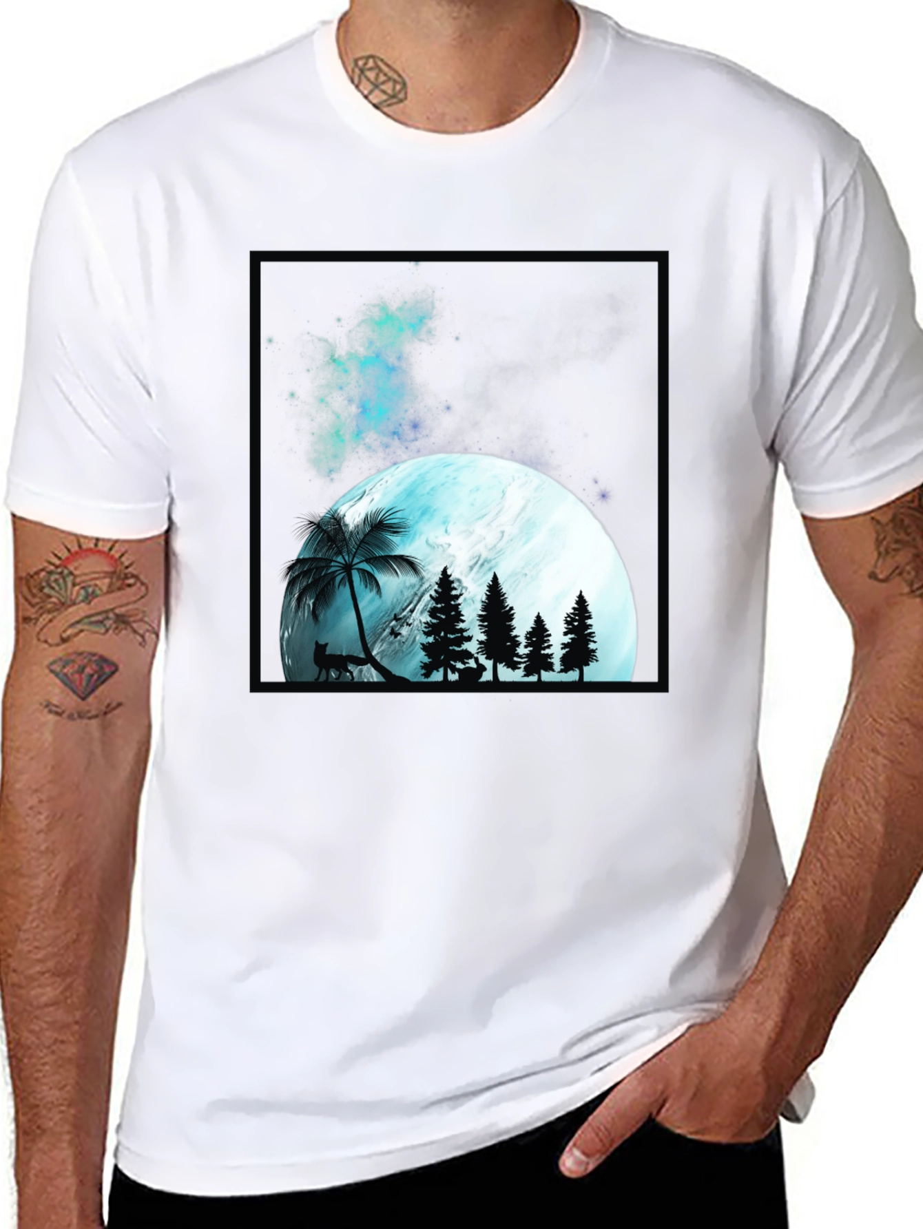 Mens Black T-Shirt with Moon & Forest Graphic