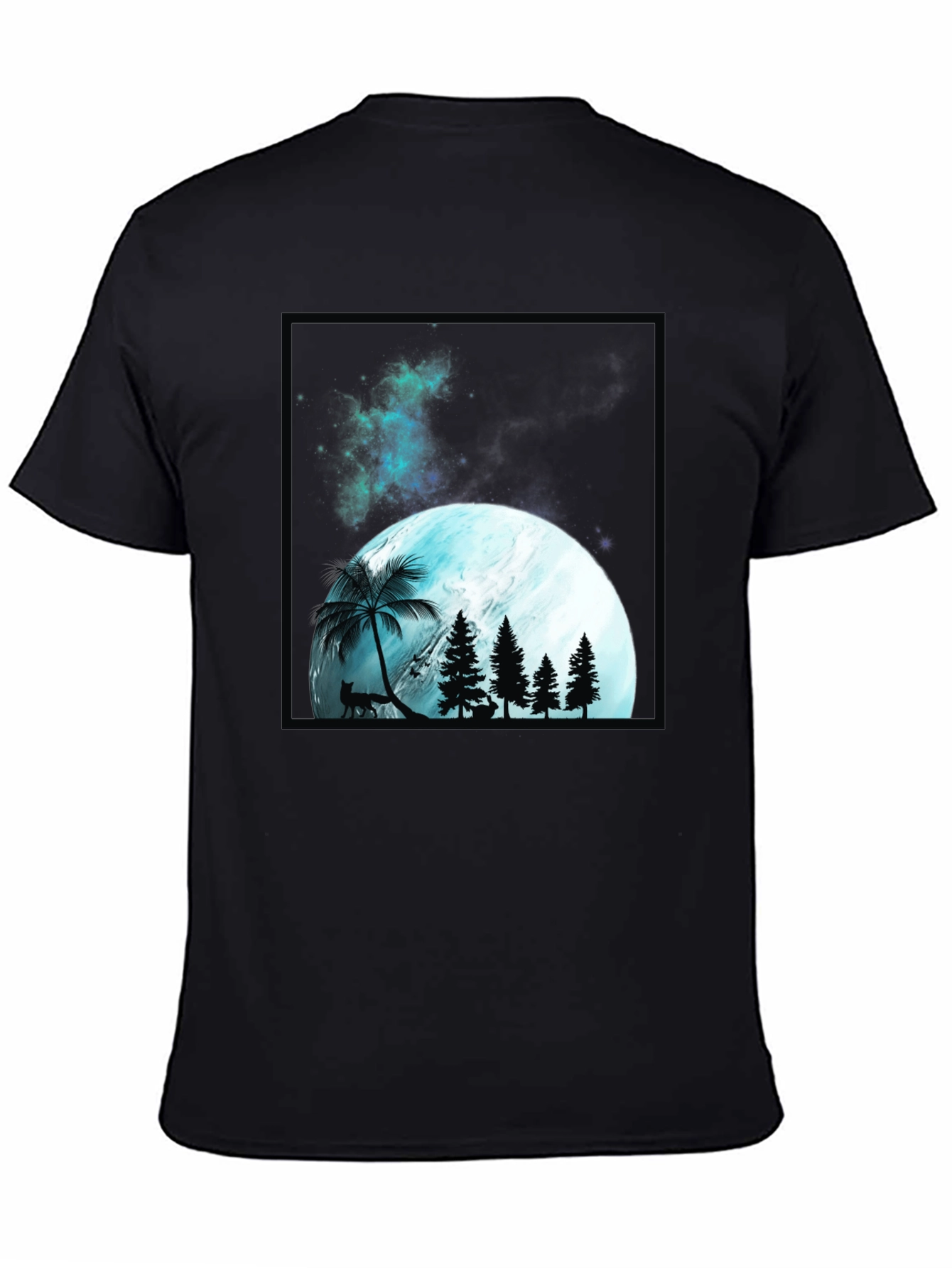 Mens Black T-Shirt with Moon & Forest Graphic