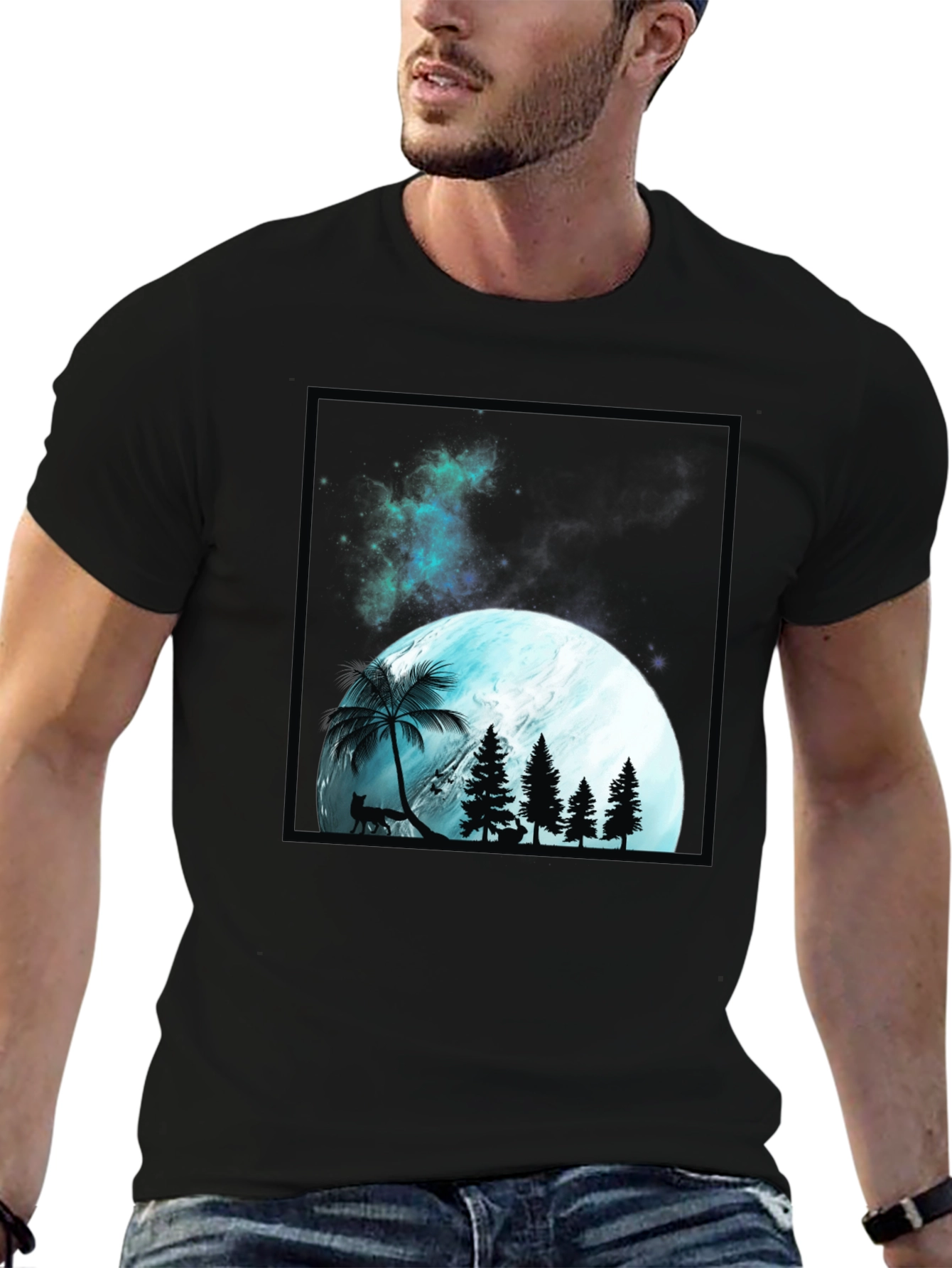 Mens Black T-Shirt with Moon & Forest Graphic