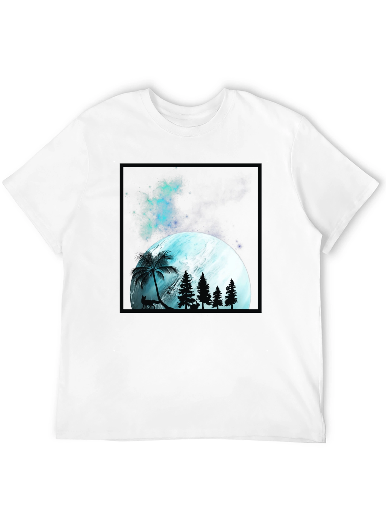Mens Black T-Shirt with Moon & Forest Graphic