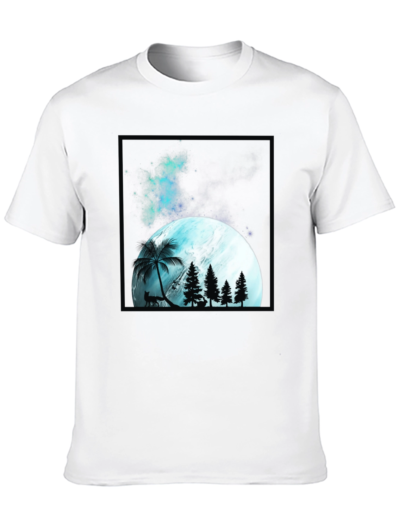 Mens Black T-Shirt with Moon & Forest Graphic
