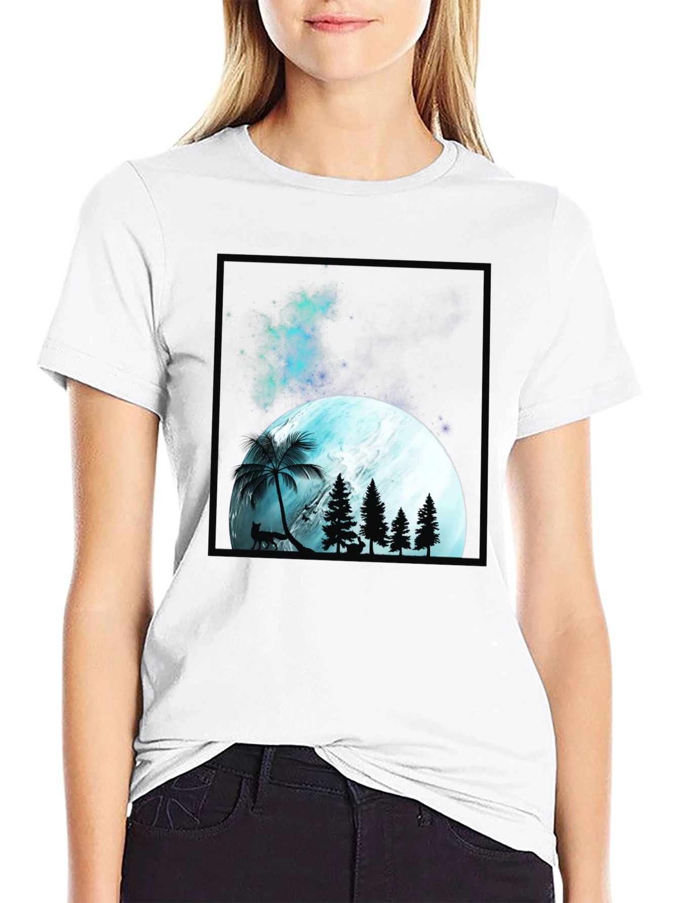 Mens Black T-Shirt with Moon & Forest Graphic