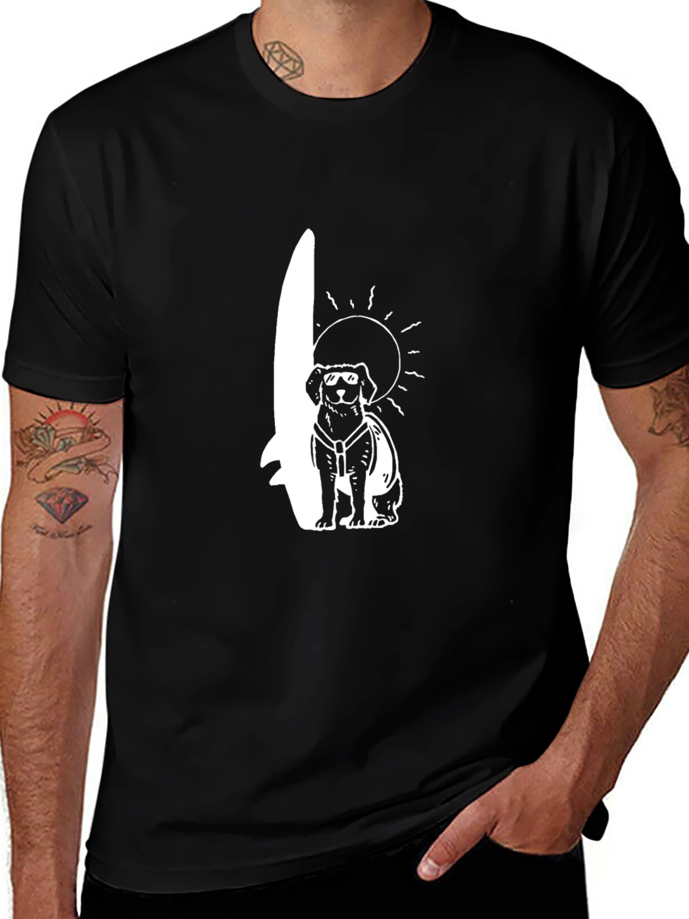 Dog Surfer Graphic Tee - Black Cotton T-Shirt