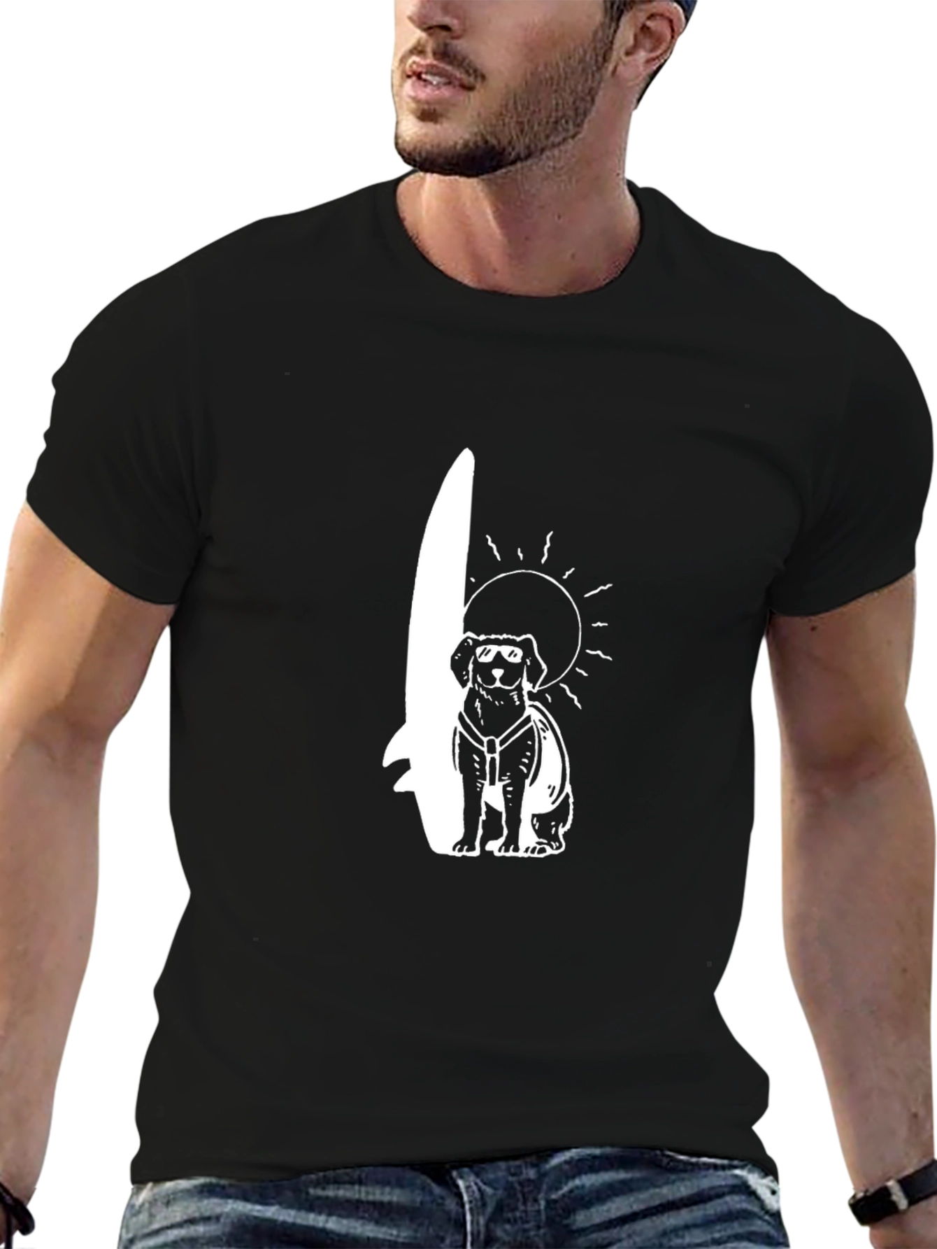 Dog Surfer Graphic Tee - Black Cotton T-Shirt