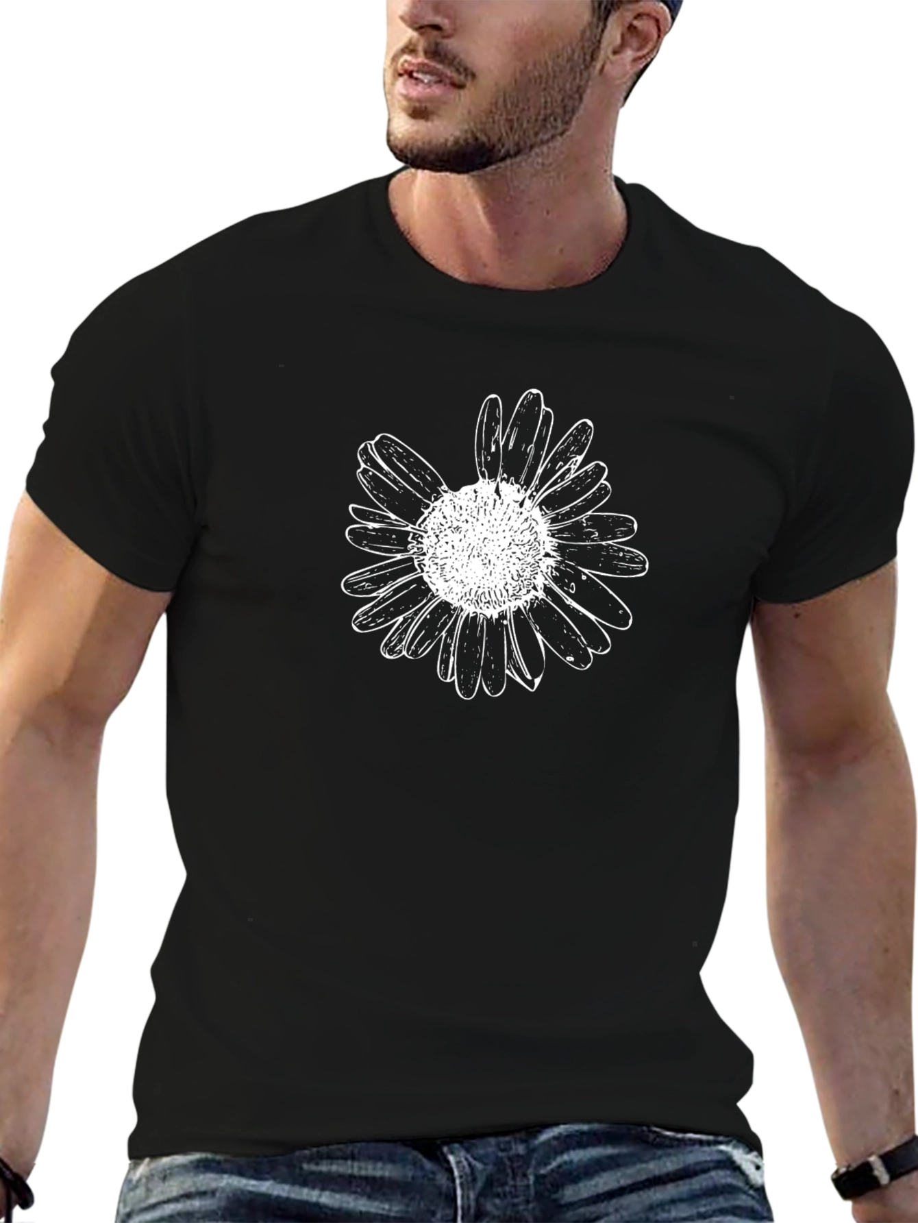 Black Tee with White Daisy Graphic Print