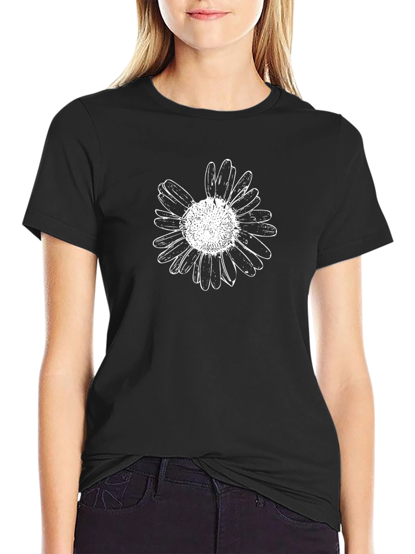 Black Tee with White Daisy Graphic Print