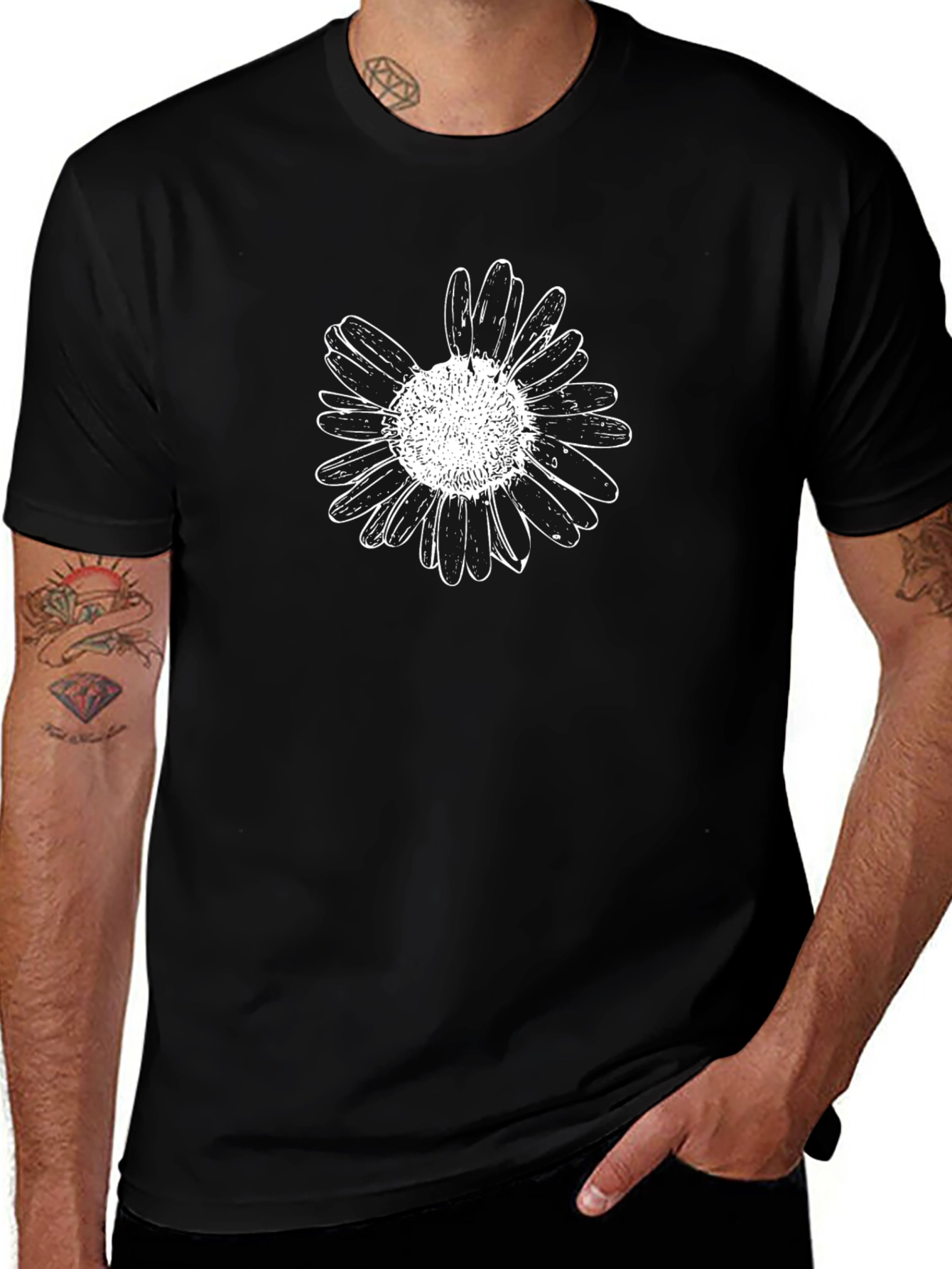 Black Tee with White Daisy Graphic Print