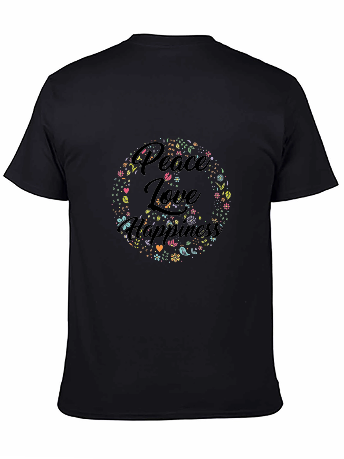 Peace Love Happiness Graphic Tee - Black Cotton T-Shirt