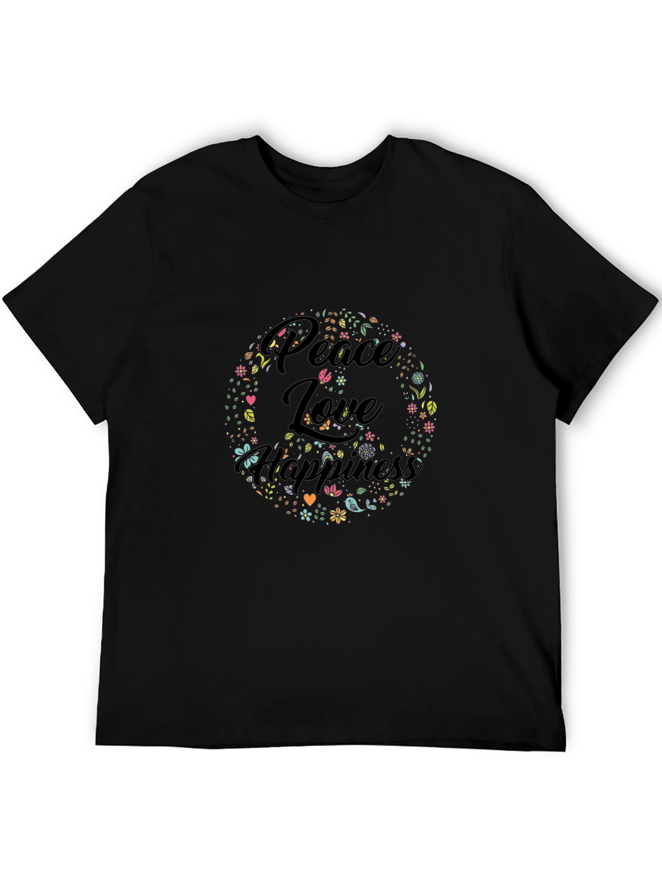 Peace Love Happiness Graphic Tee - Black Cotton T-Shirt