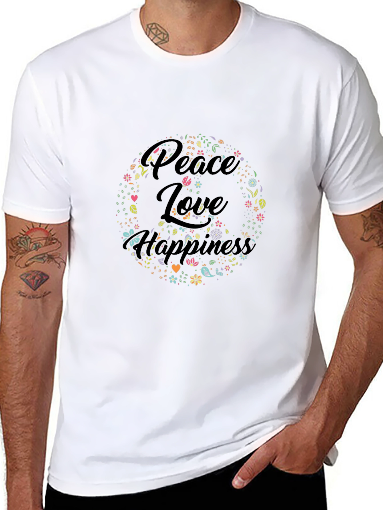 Peace Love Happiness Graphic Tee - Black Cotton T-Shirt