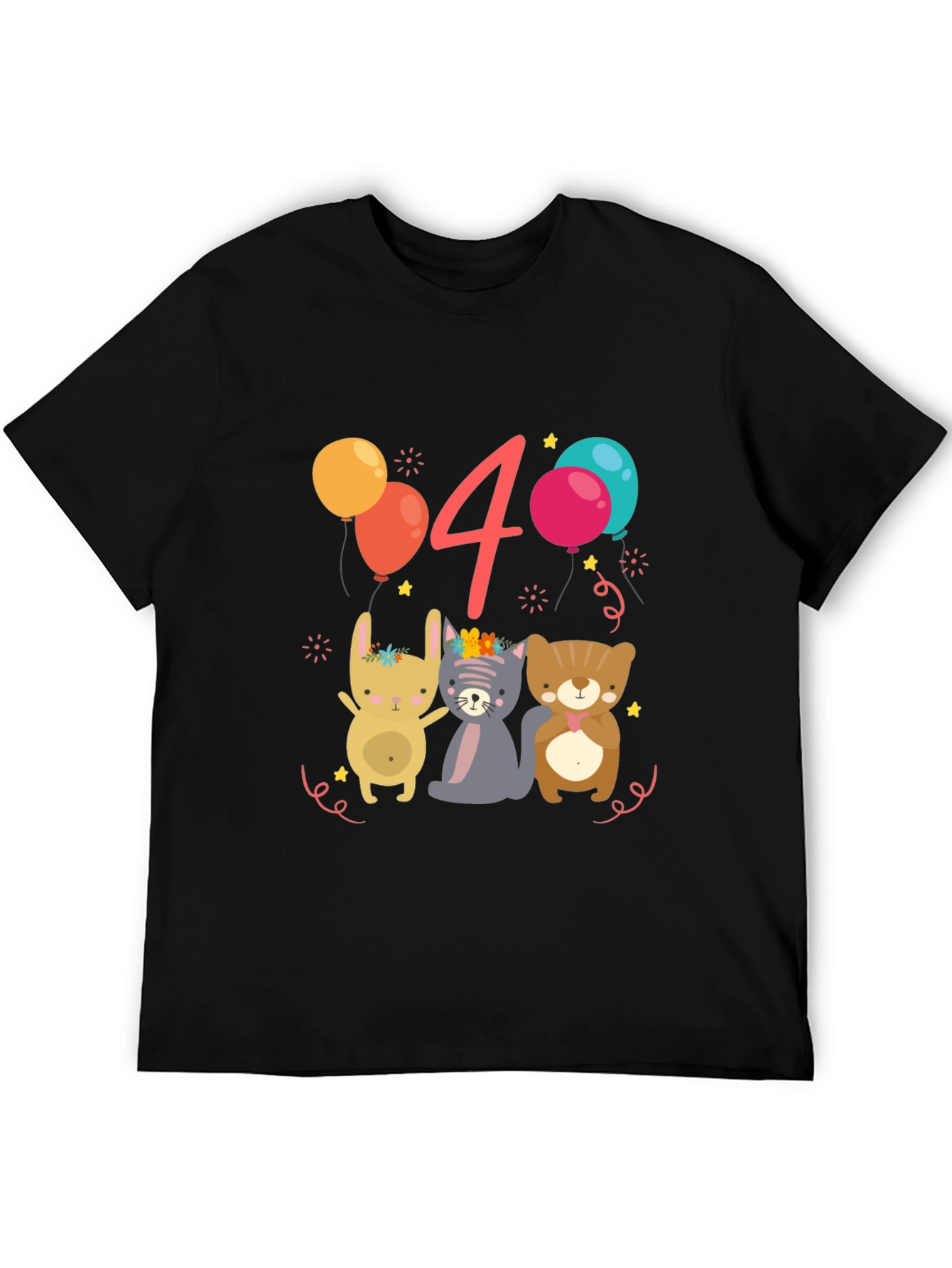Cute Animals 4th Birthday Black T-Shirt