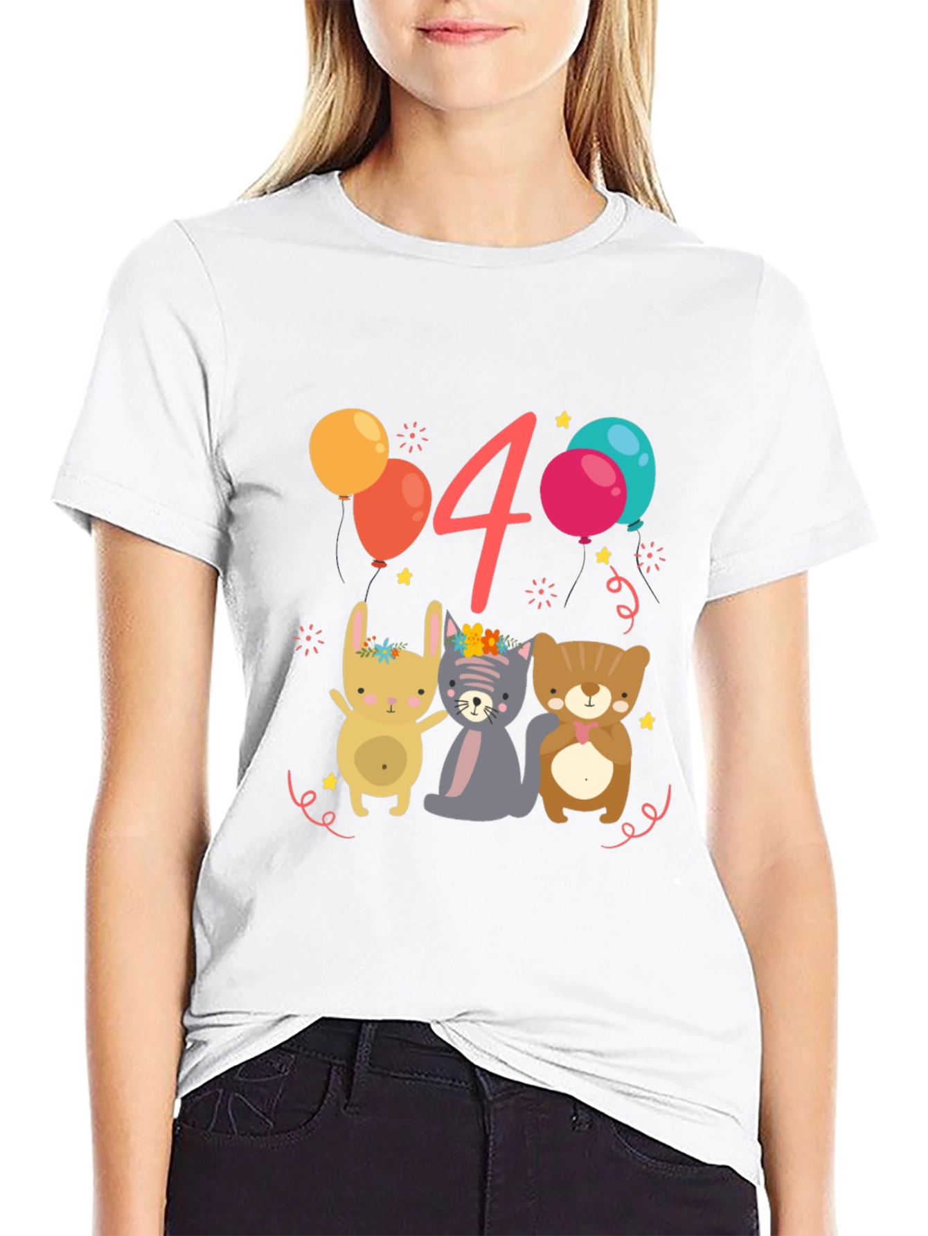 Cute Animals 4th Birthday Black T-Shirt