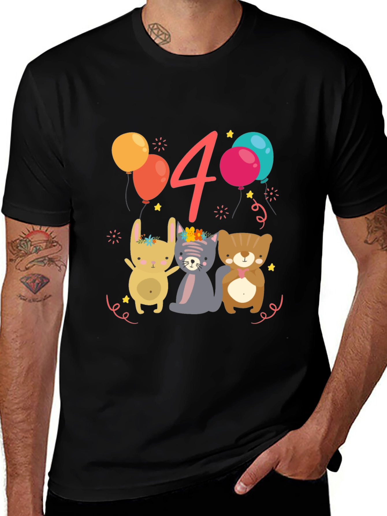 Cute Animals 4th Birthday Black T-Shirt