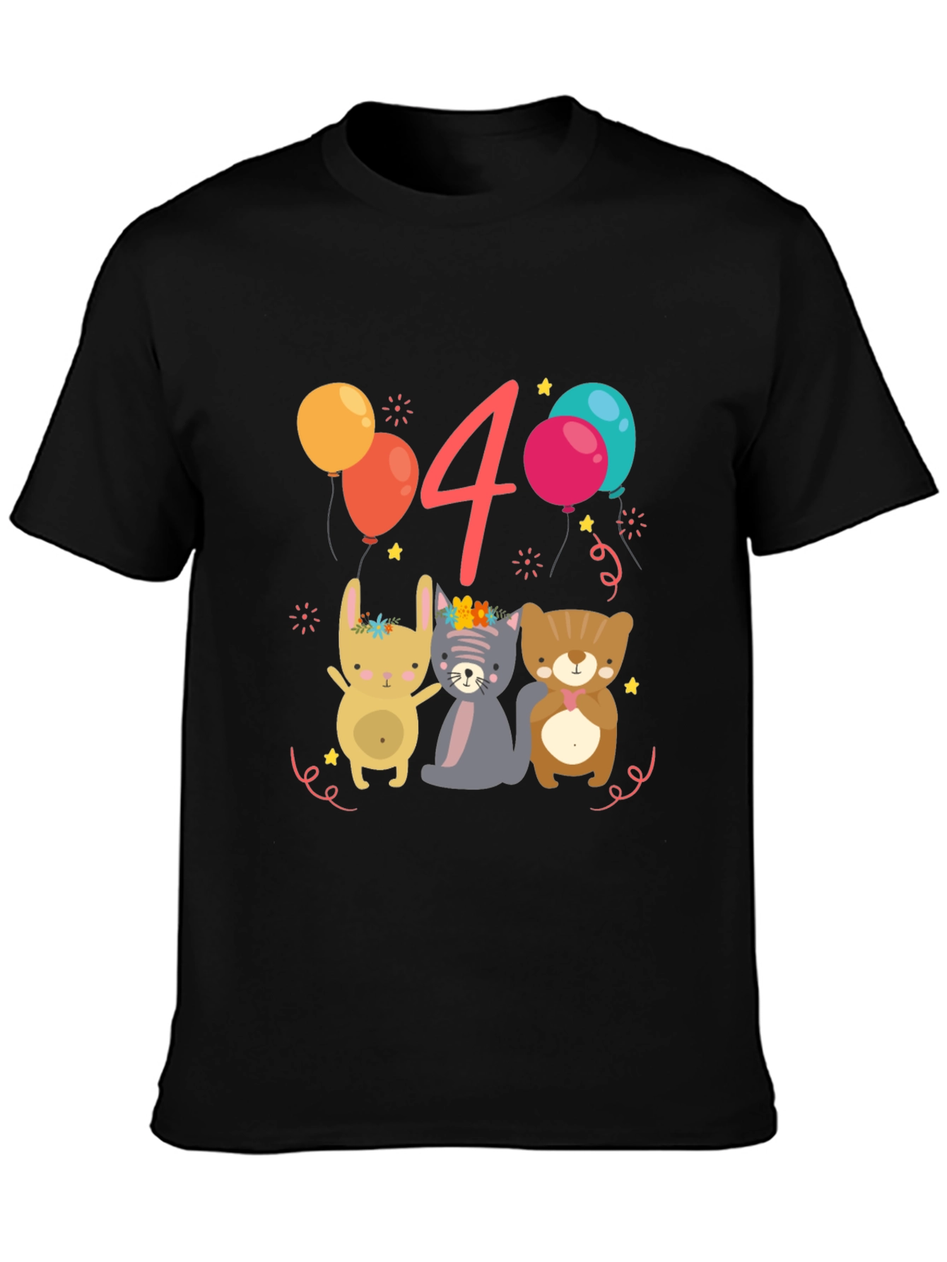 Cute Animals 4th Birthday Black T-Shirt