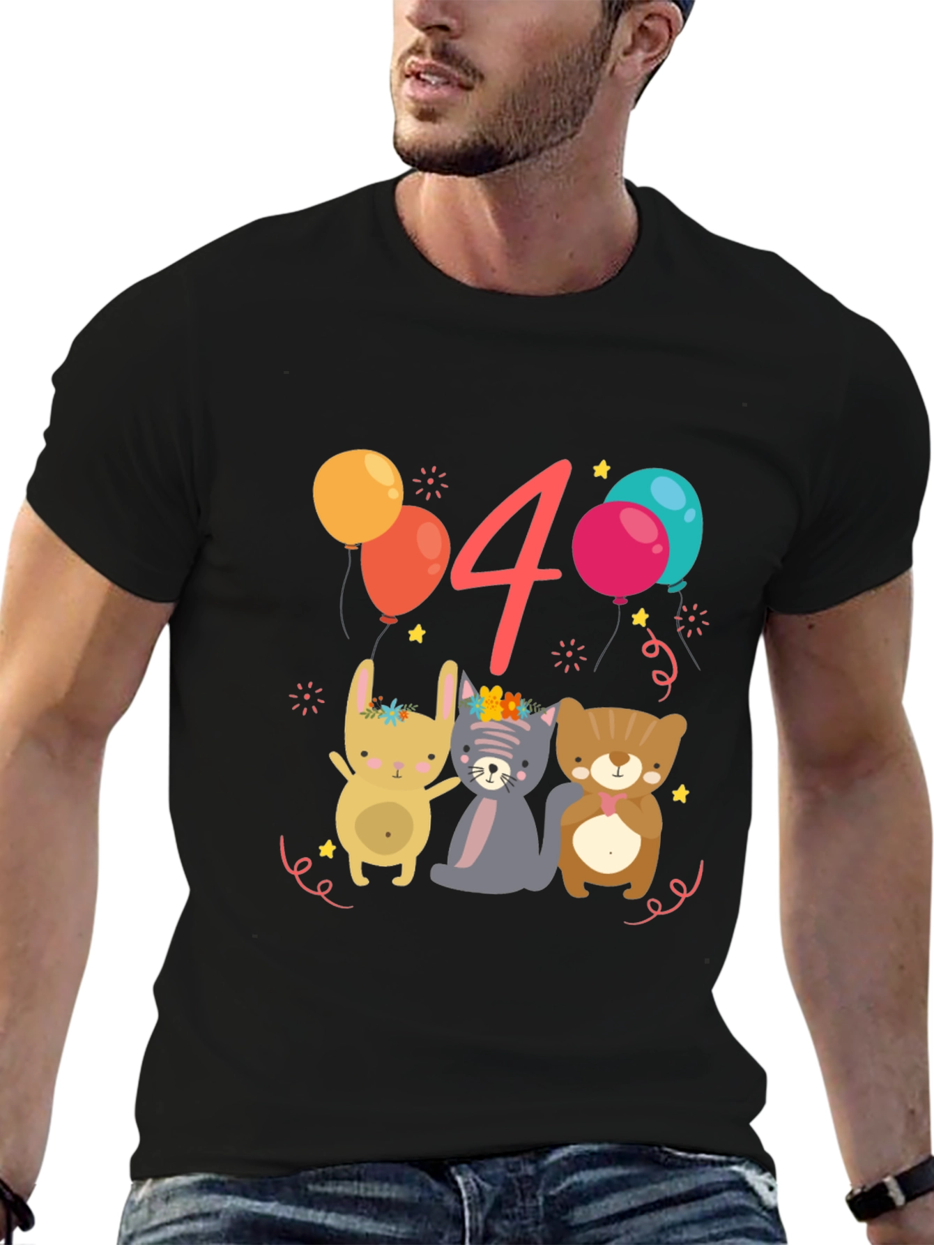 Cute Animals 4th Birthday Black T-Shirt
