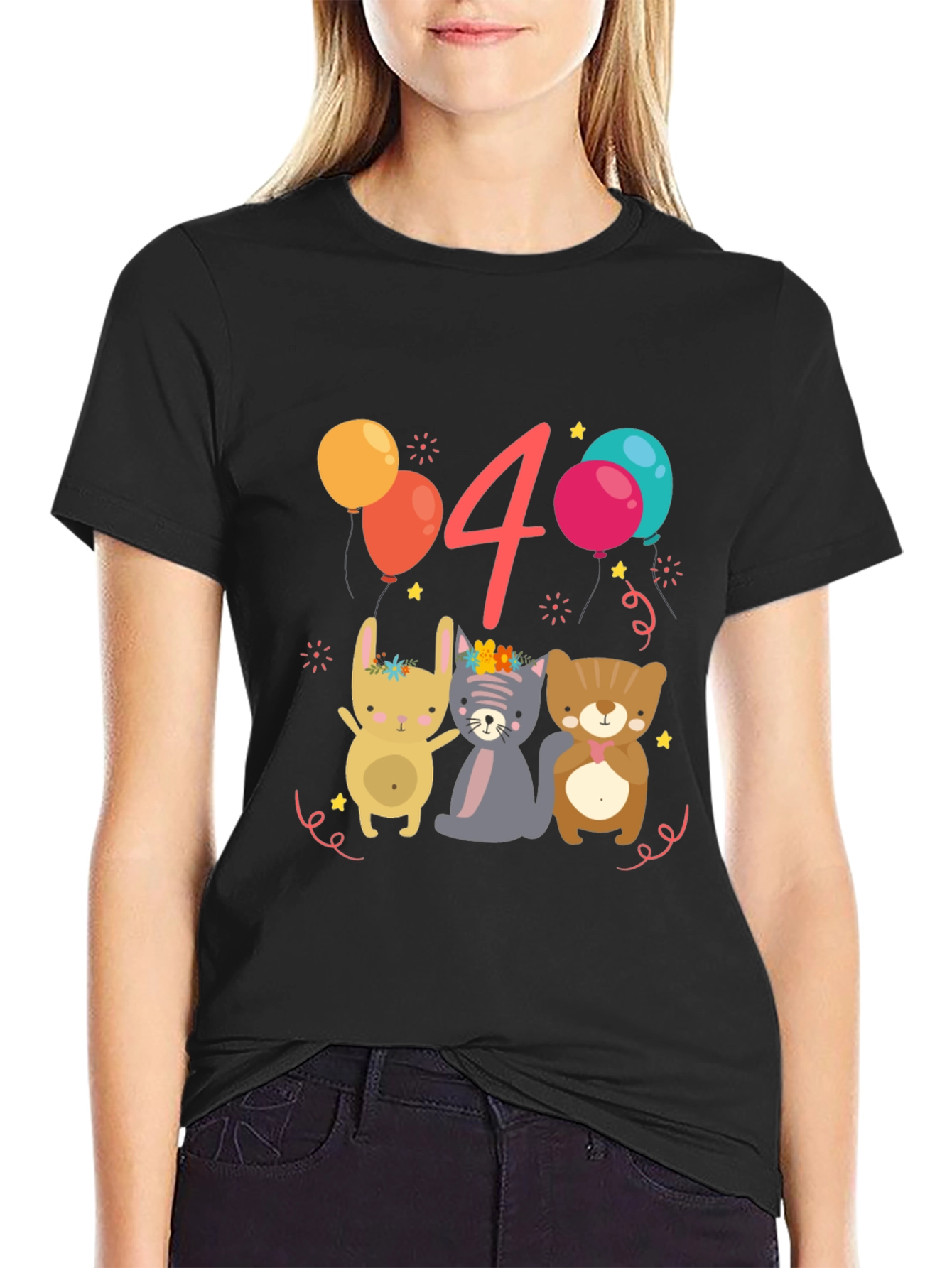 Cute Animals 4th Birthday Black T-Shirt