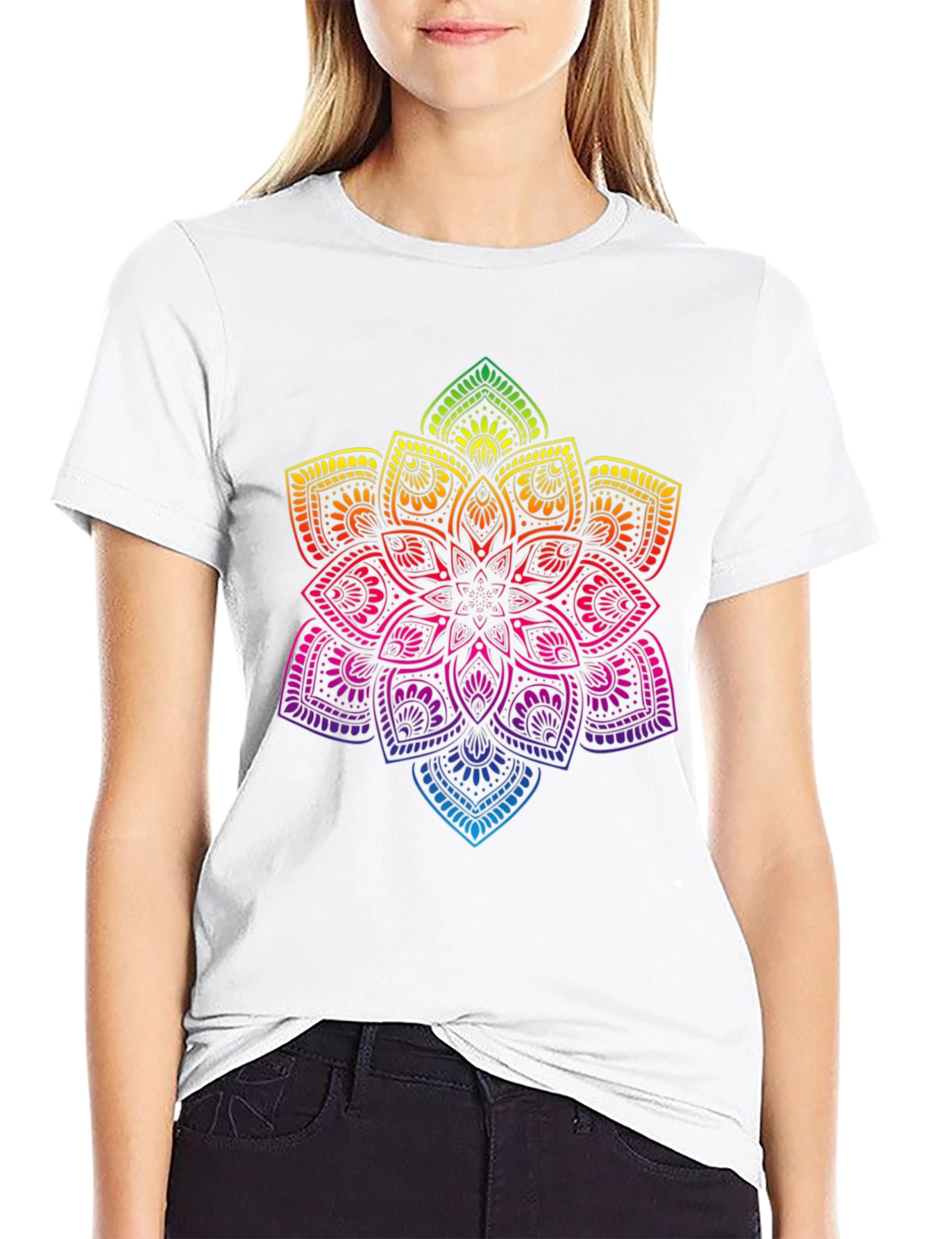 Rainbow Mandala Graphic Print Black T-Shirt