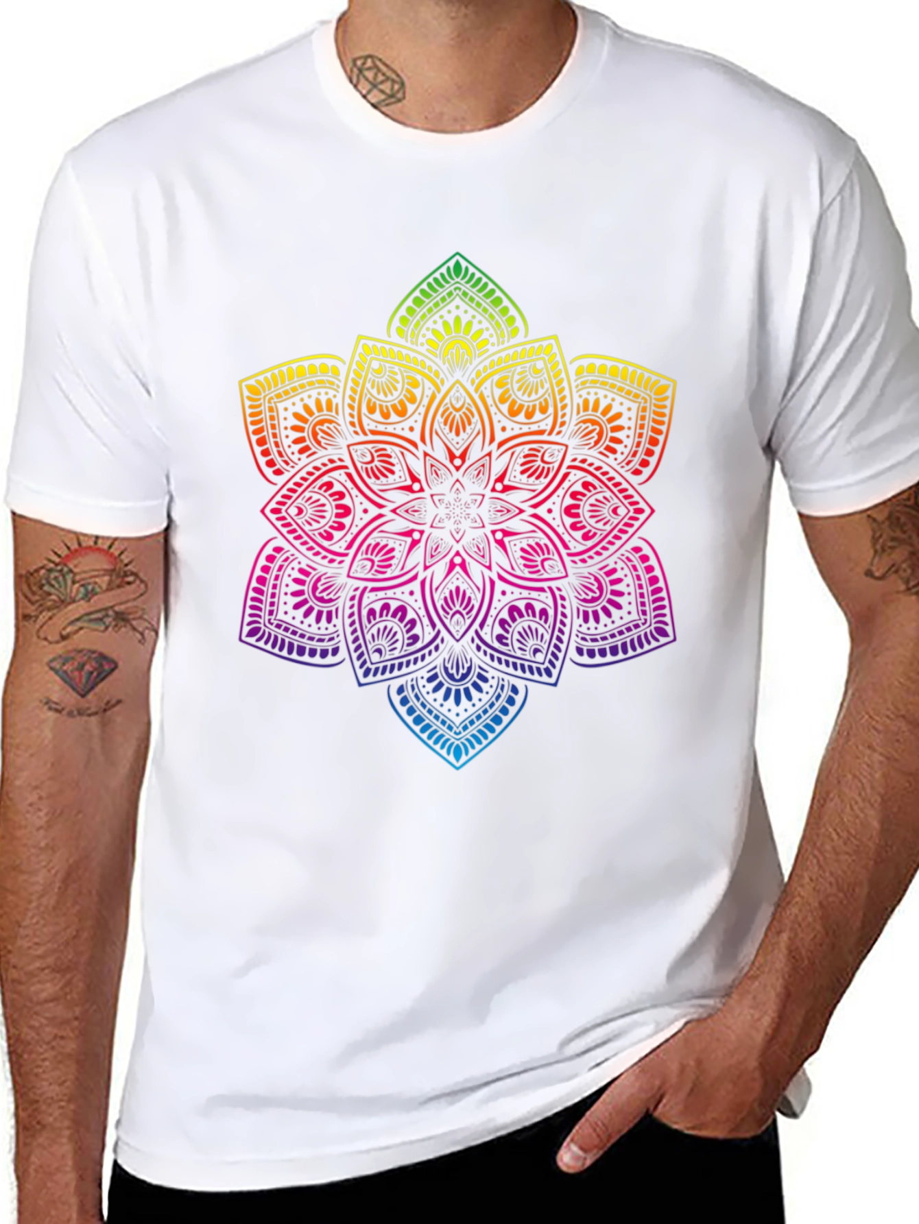 Rainbow Mandala Graphic Print Black T-Shirt