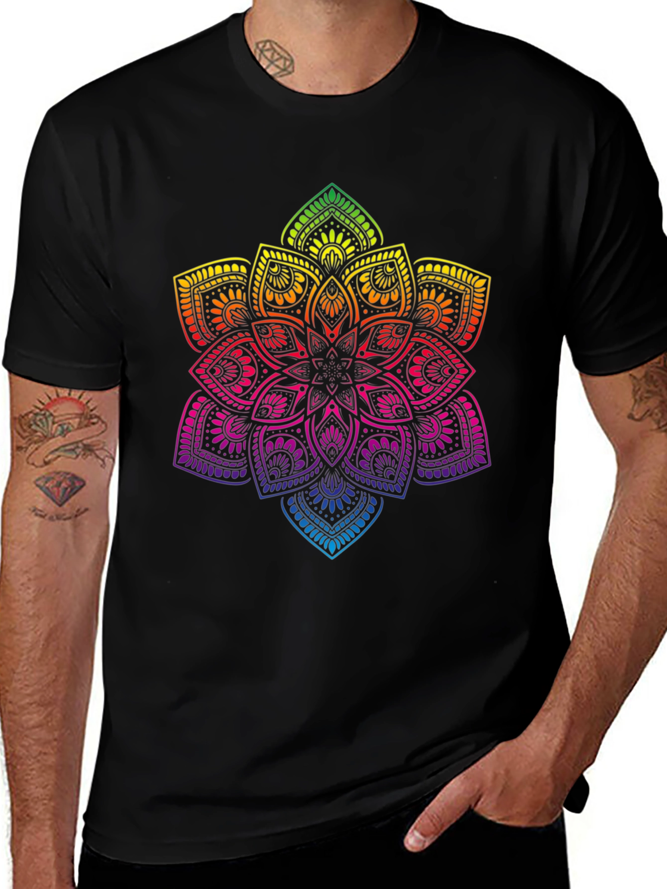 Rainbow Mandala Graphic Print Black T-Shirt