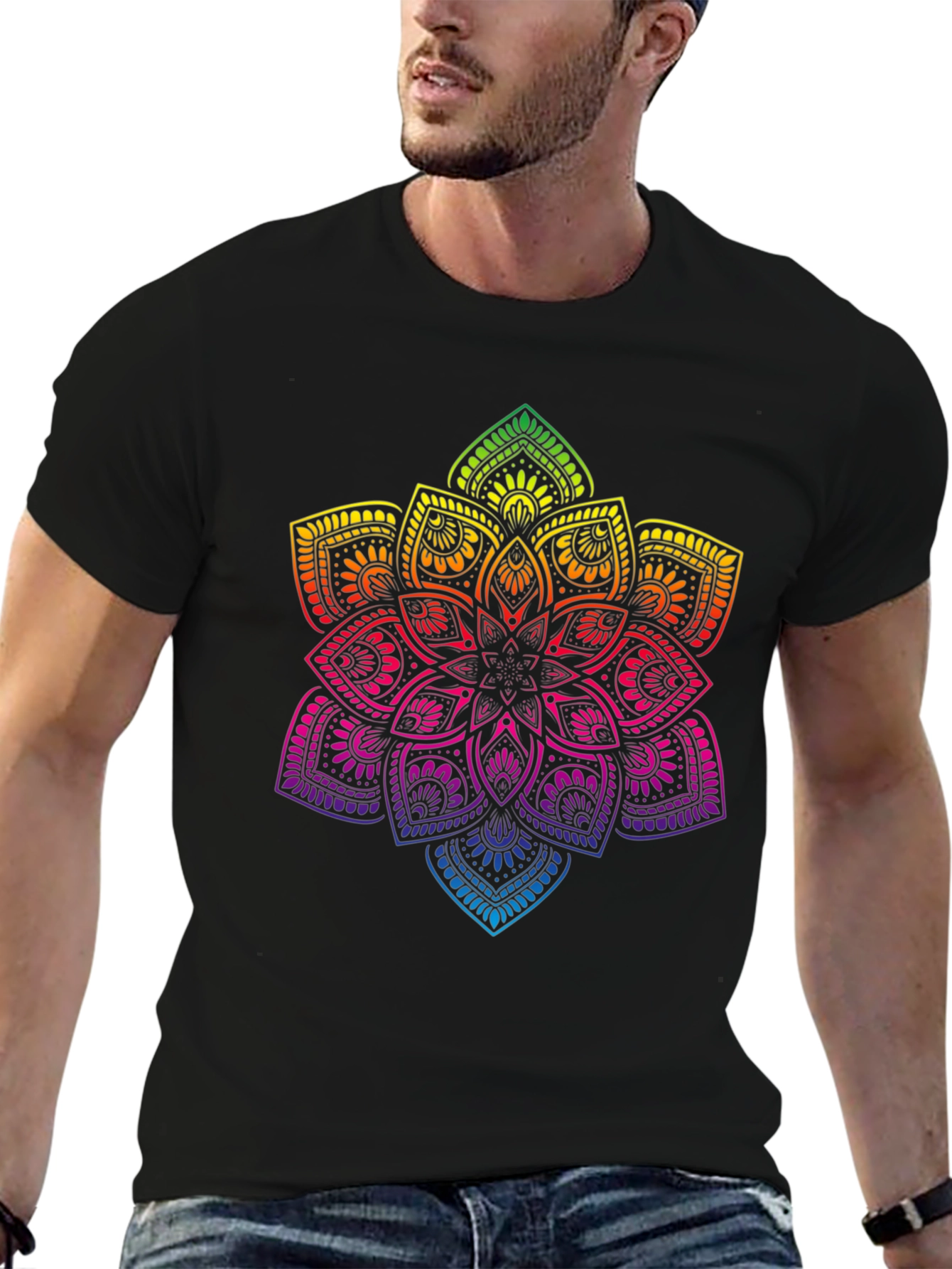 Rainbow Mandala Graphic Print Black T-Shirt