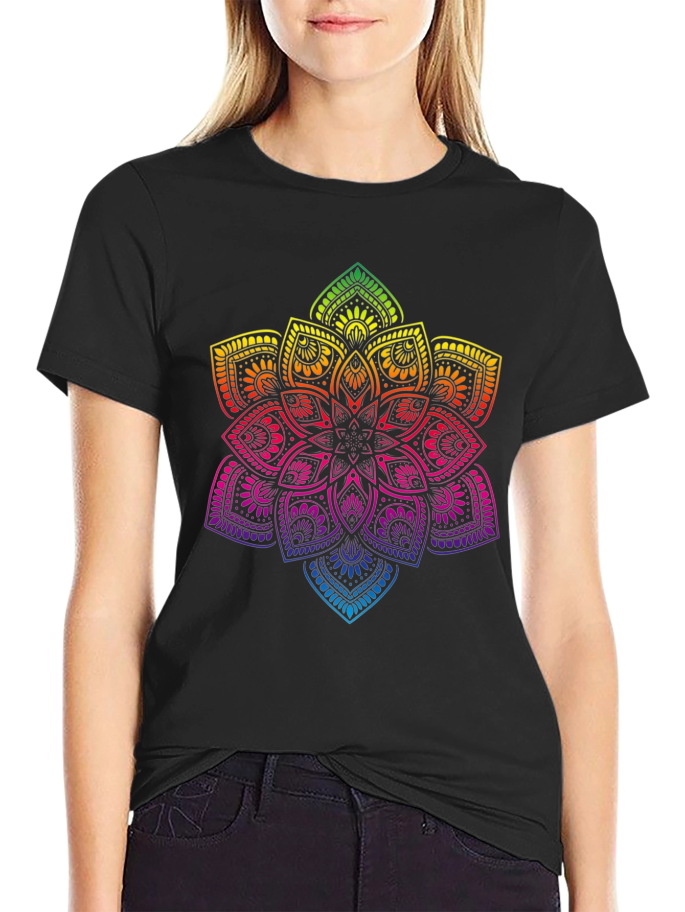 Rainbow Mandala Graphic Print Black T-Shirt