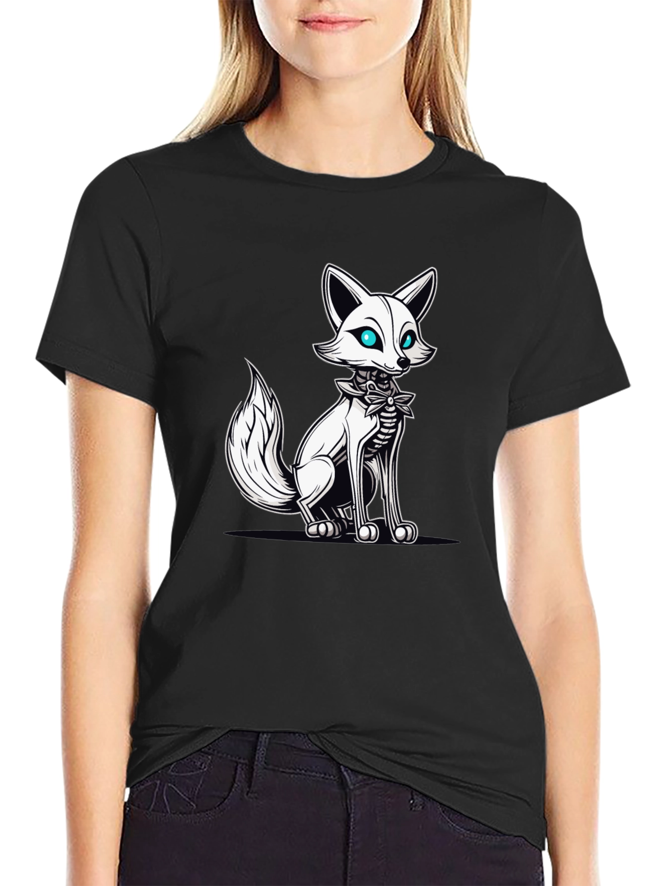 Mens Black T-Shirt with Fox Skeleton Graphic
