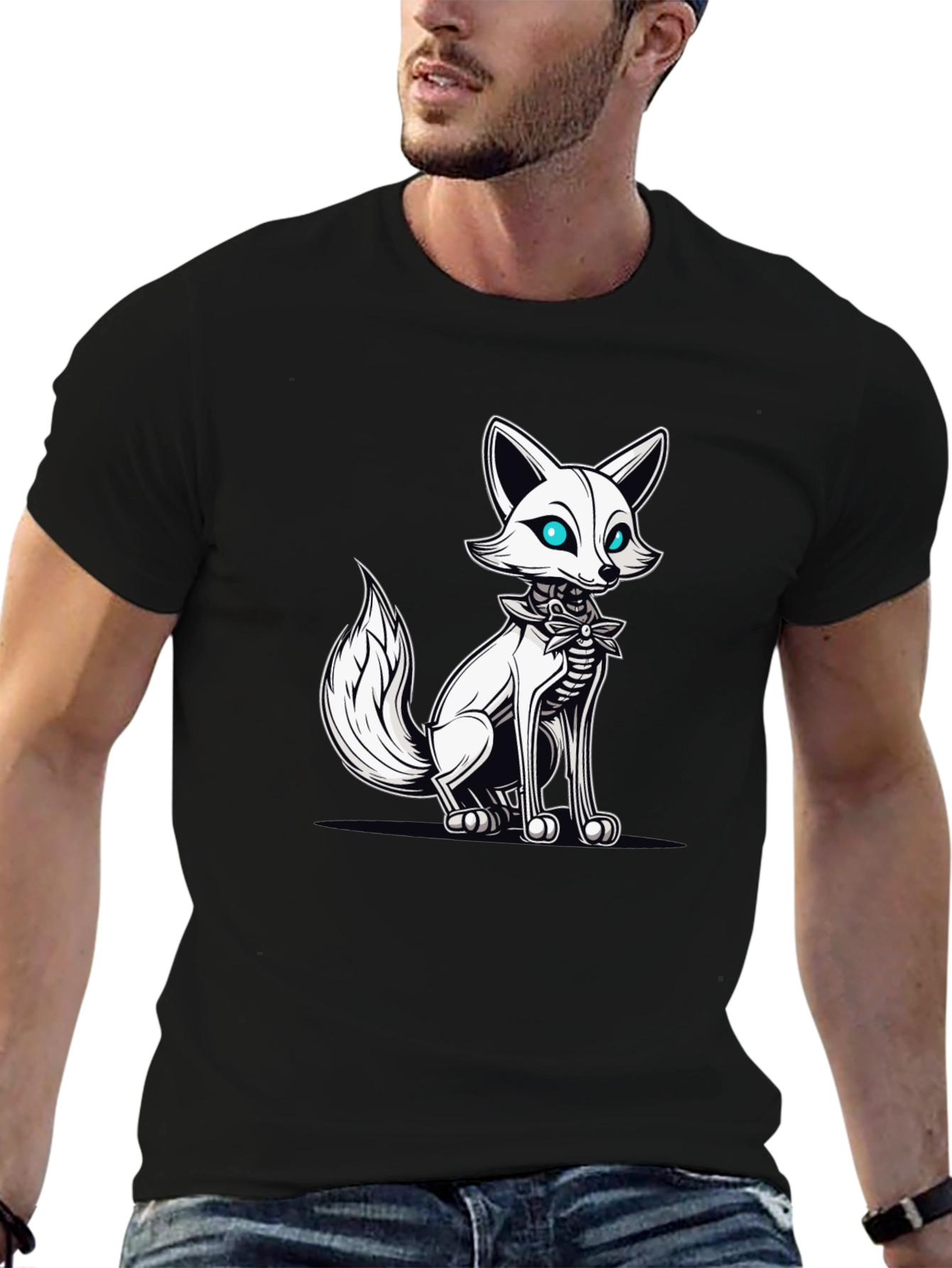 Mens Black T-Shirt with Fox Skeleton Graphic