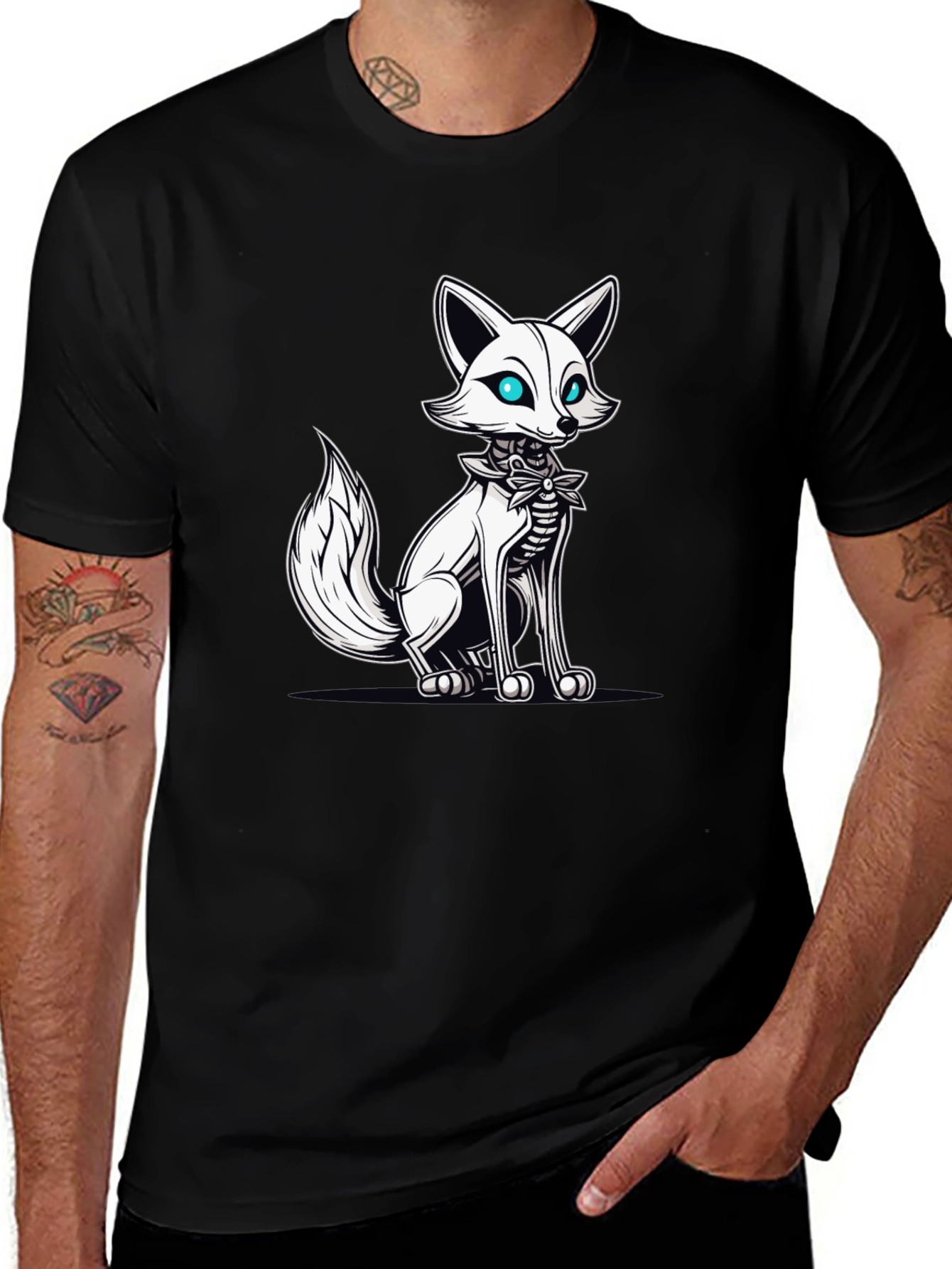 Mens Black T-Shirt with Fox Skeleton Graphic