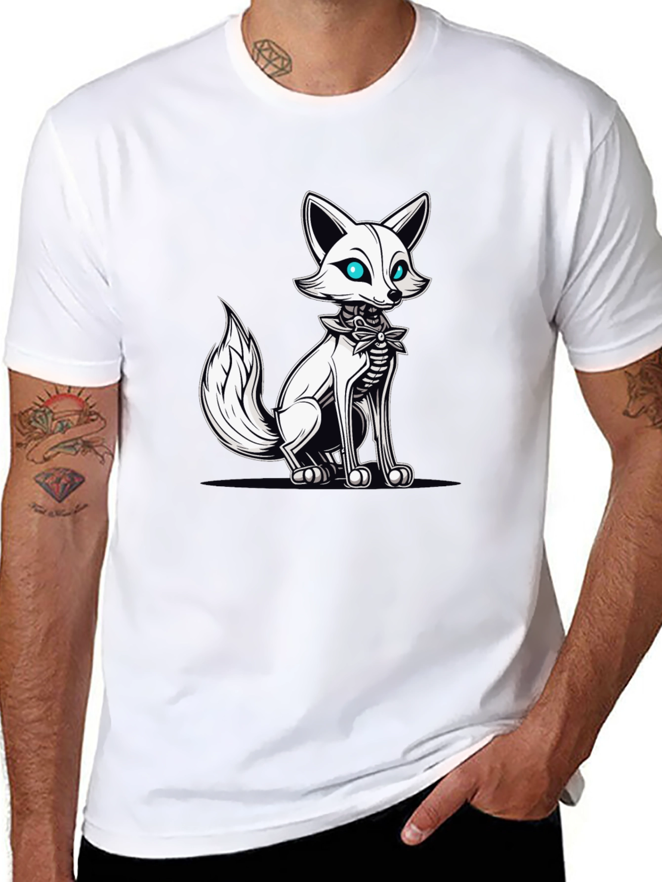 Mens Black T-Shirt with Fox Skeleton Graphic