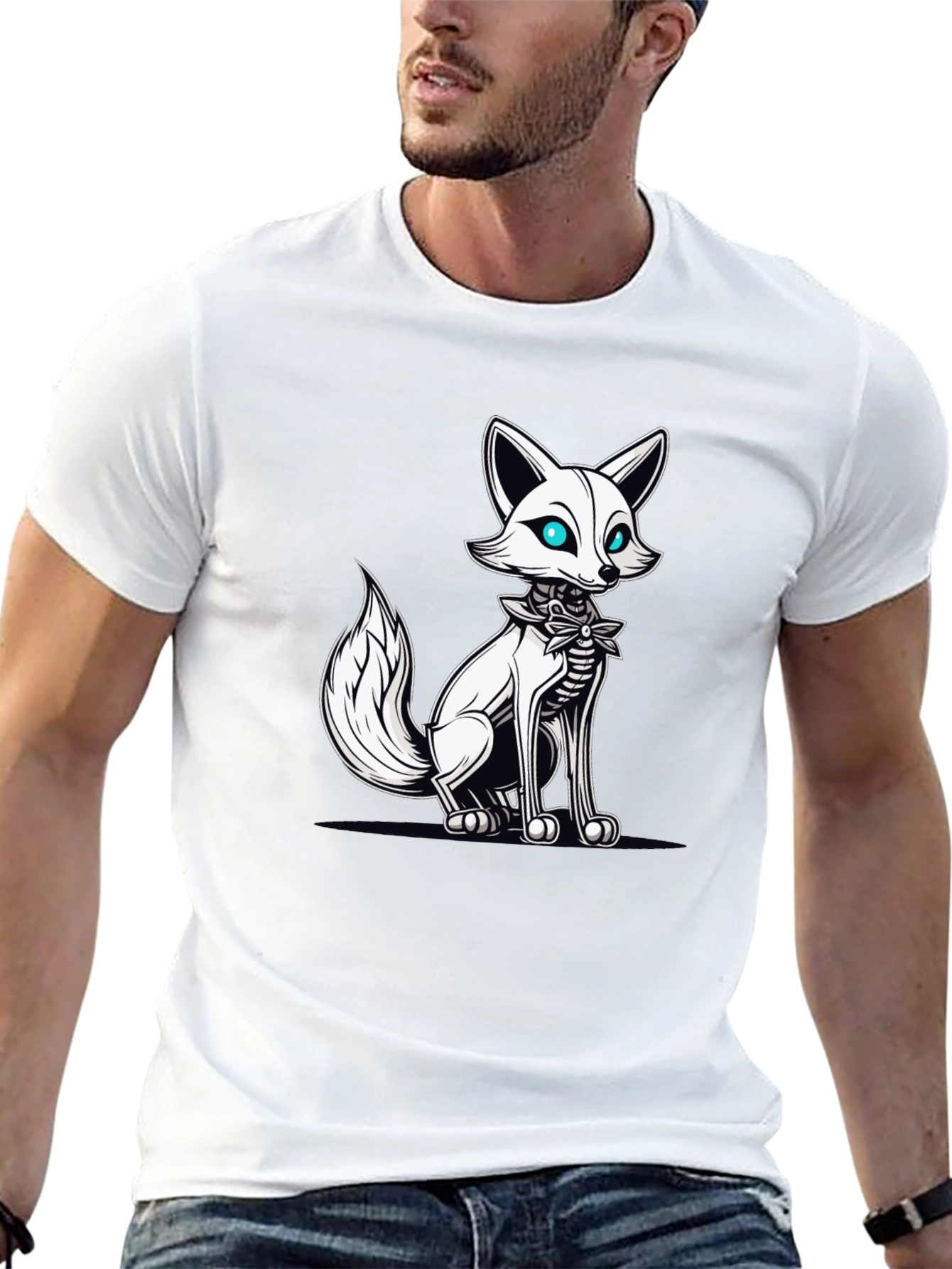 Mens Black T-Shirt with Fox Skeleton Graphic