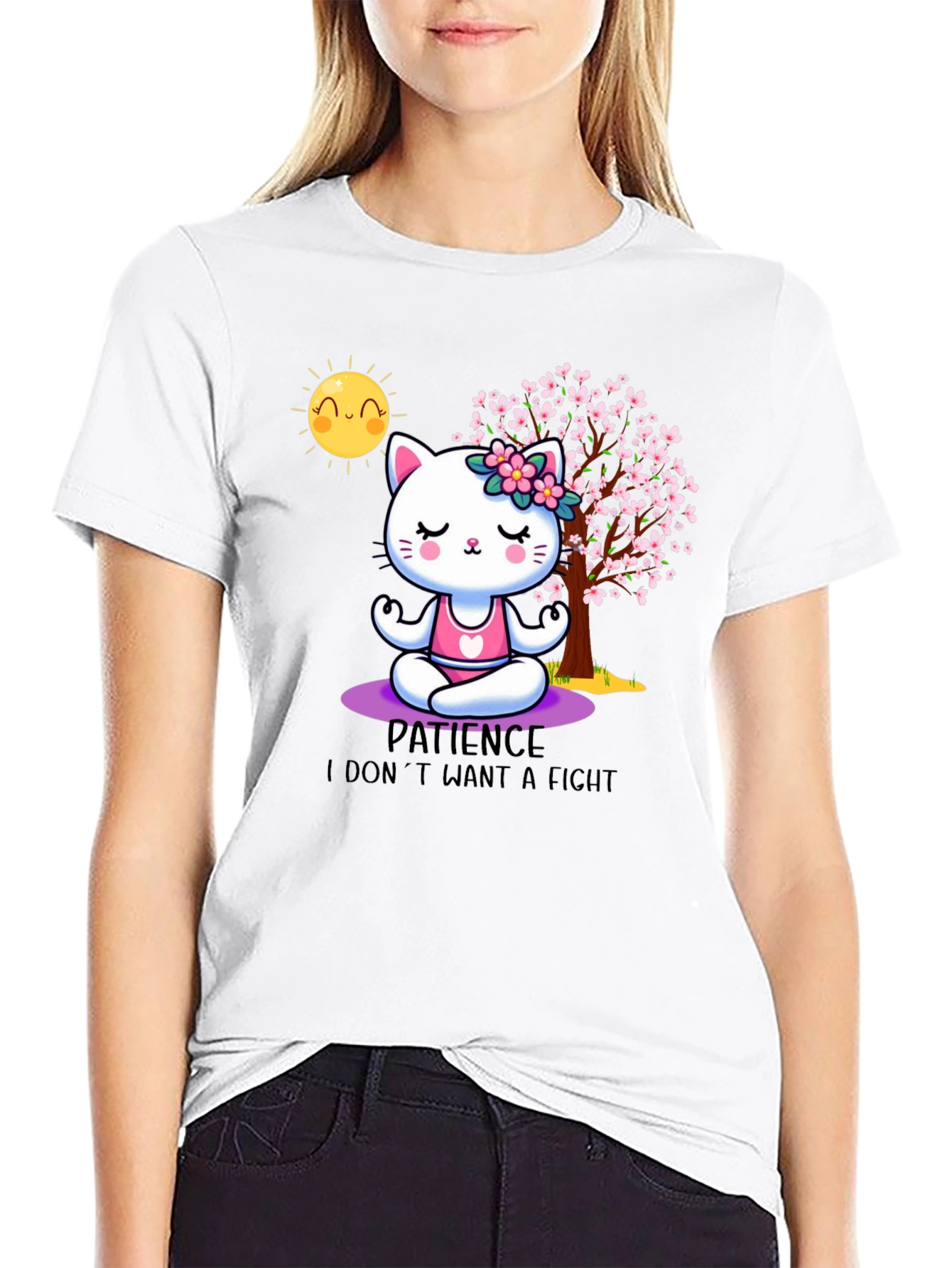 Zen Cat Patience T-Shirt - Meditating Feline Design