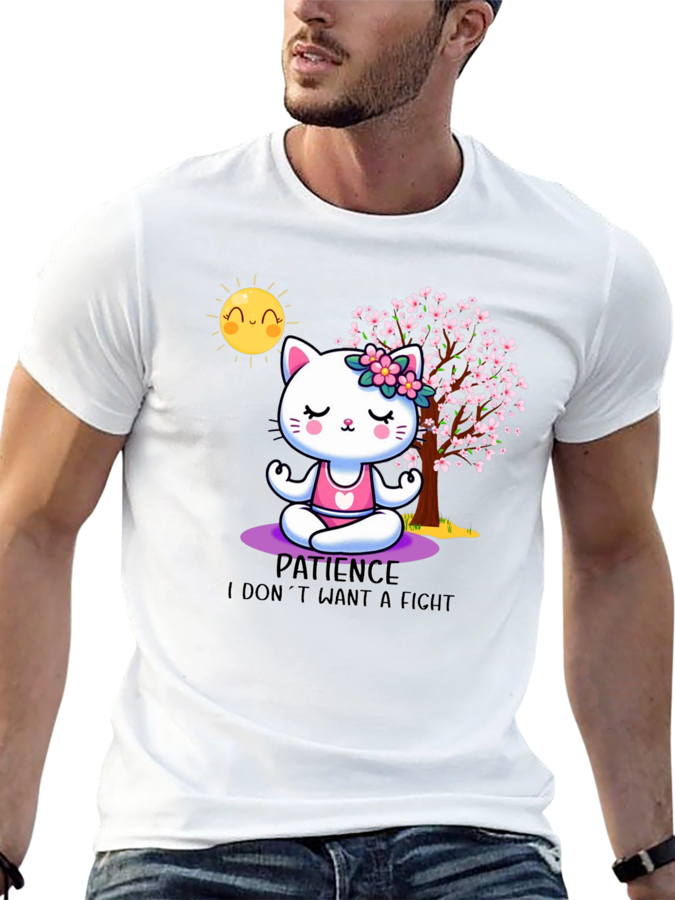 Zen Cat Patience T-Shirt - Meditating Feline Design