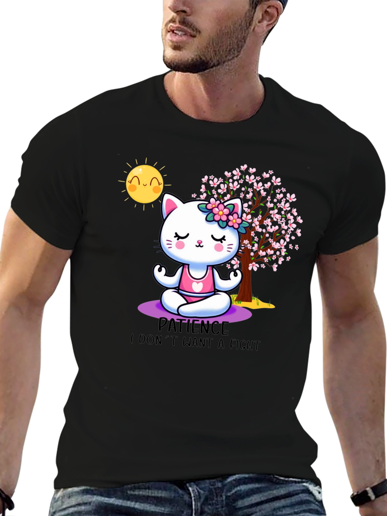 Zen Cat Patience T-Shirt - Meditating Feline Design