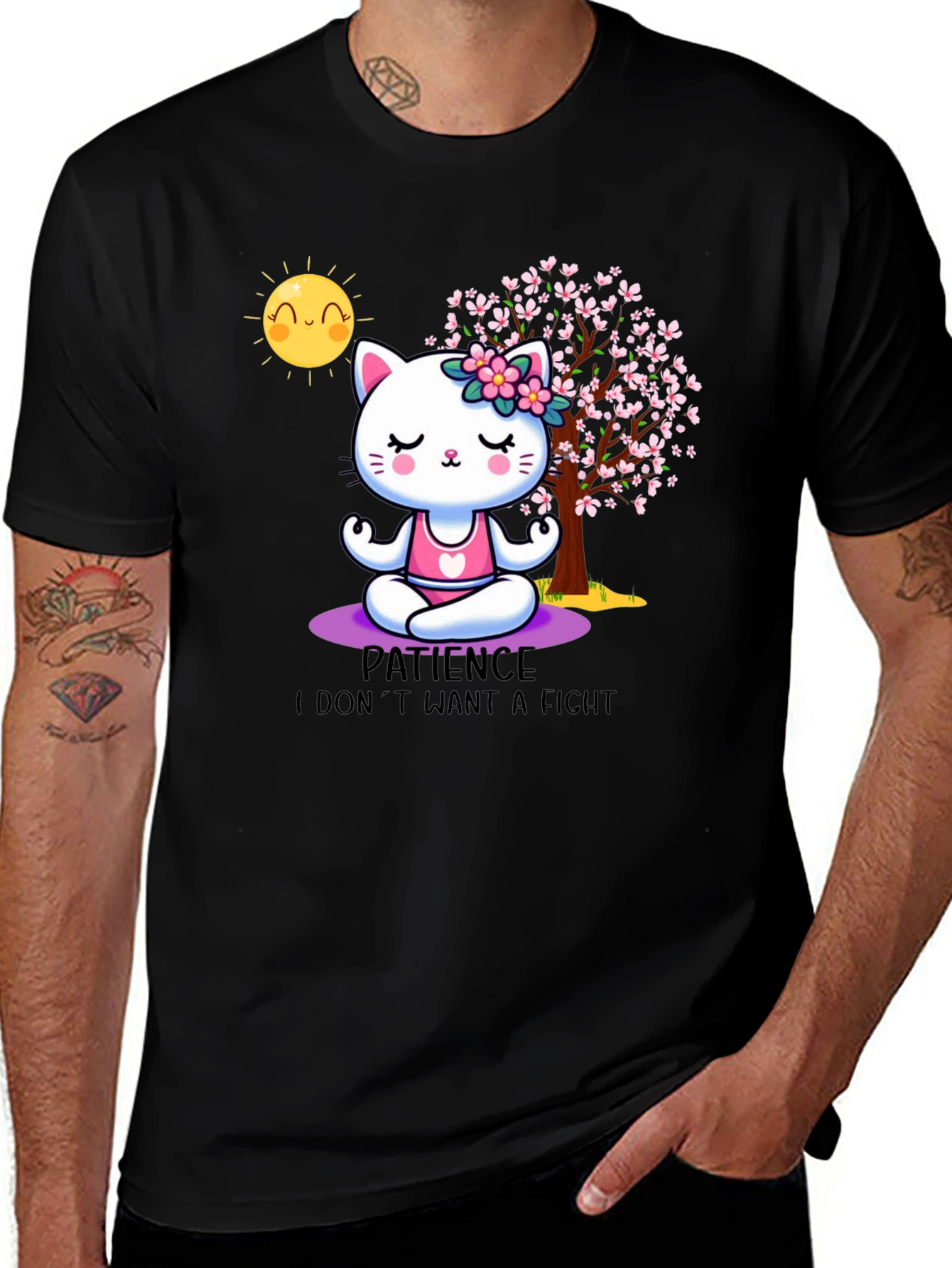 Zen Cat Patience T-Shirt - Meditating Feline Design