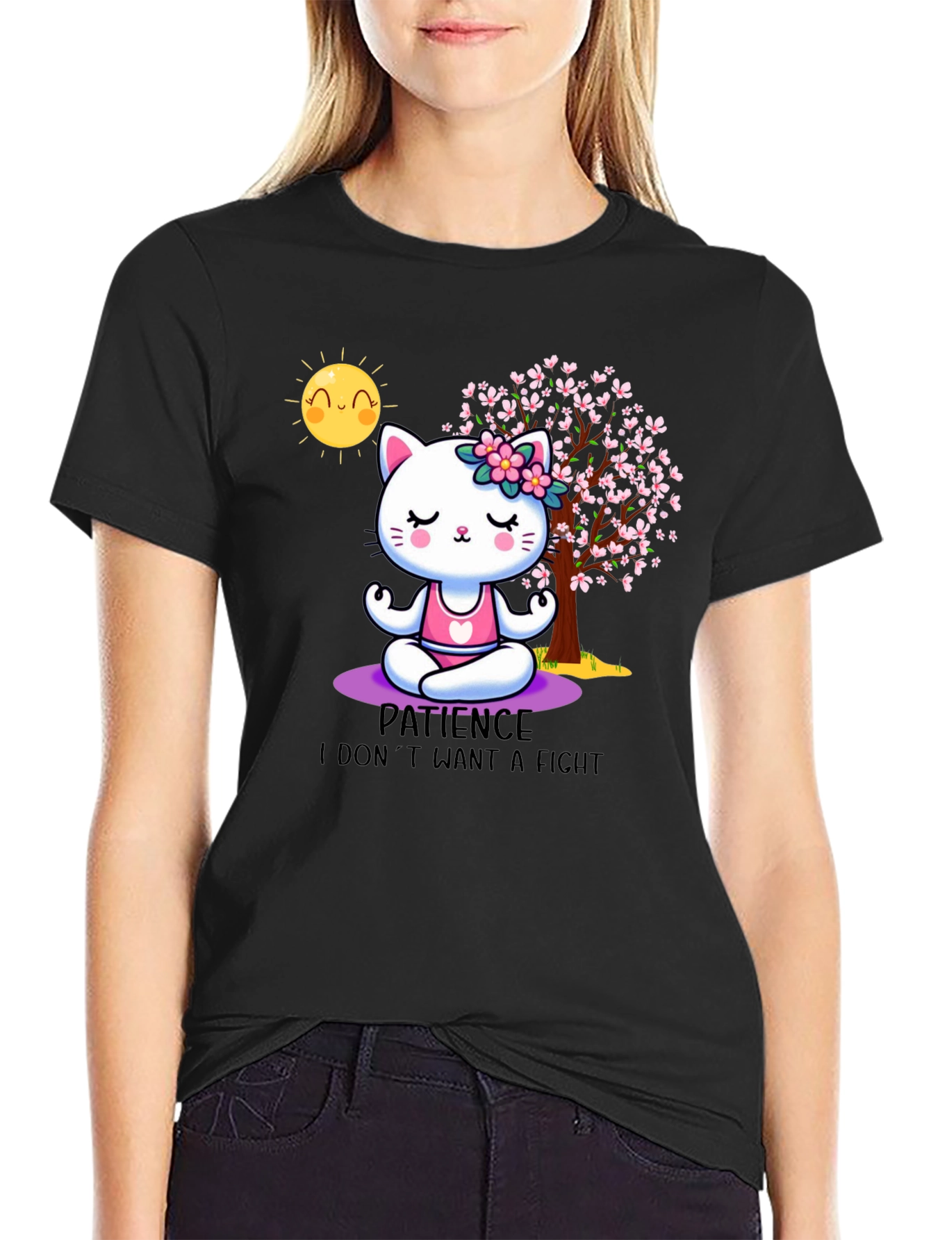 Zen Cat Patience T-Shirt - Meditating Feline Design